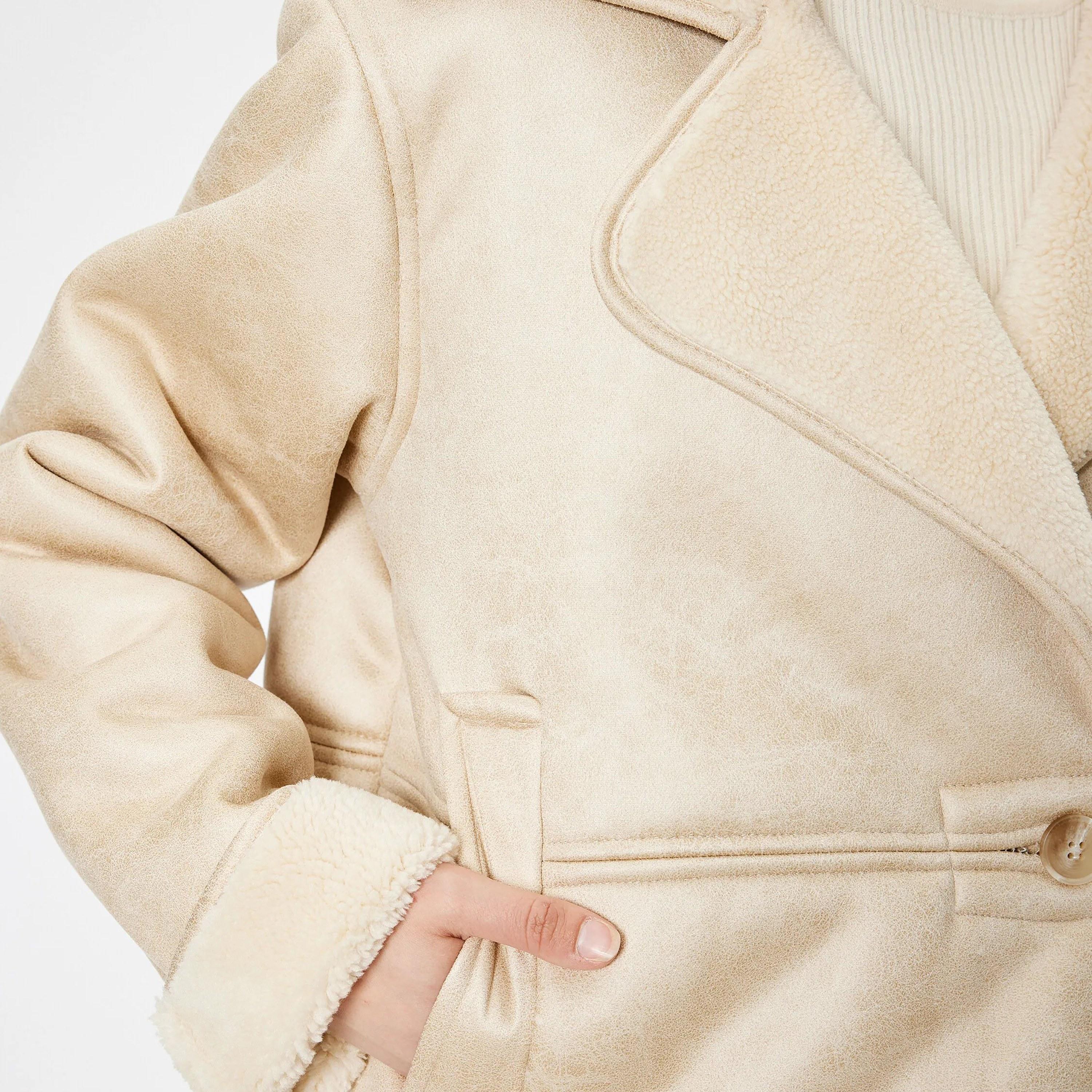 KOTON Beige Lapel collar Women's Coat-women-winterwear-coatsandjackets-coats-image-4