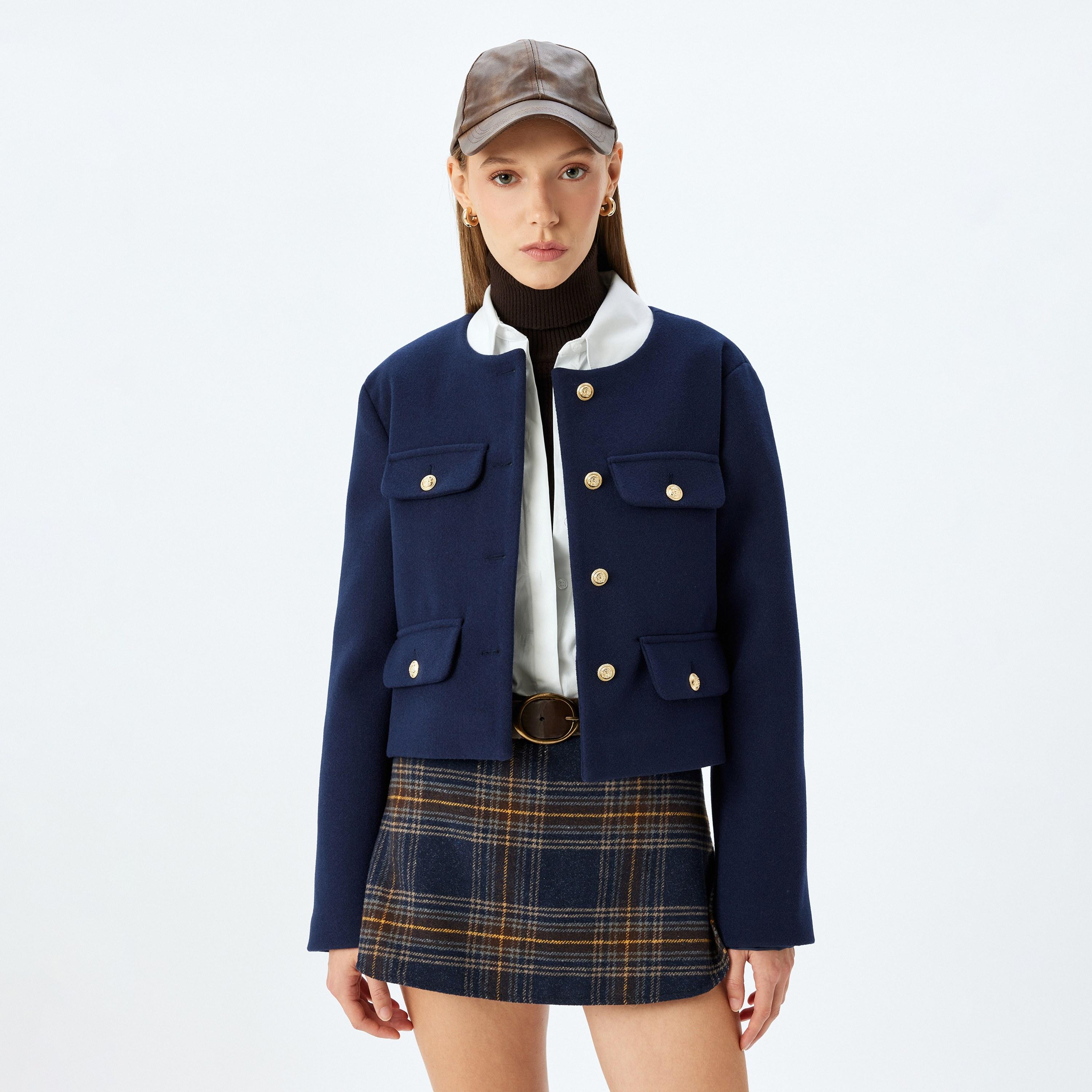KOTON Blue Collarless Women's Jacket-women-winterwear-coatsandjackets-jackets-image-1