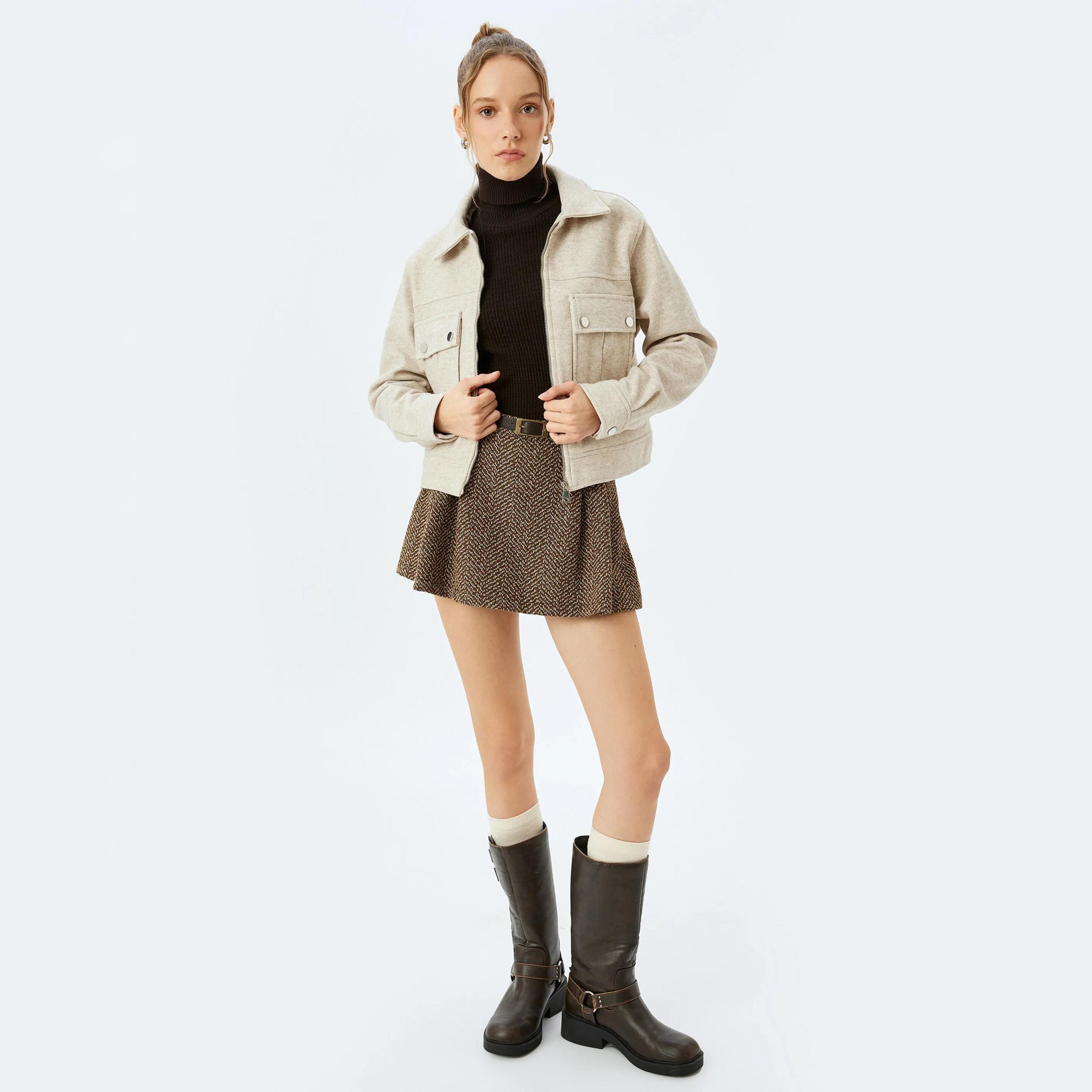 KOTON Beige Collared Women's Jacket-women-winterwear-coatsandjackets-jackets-image-2