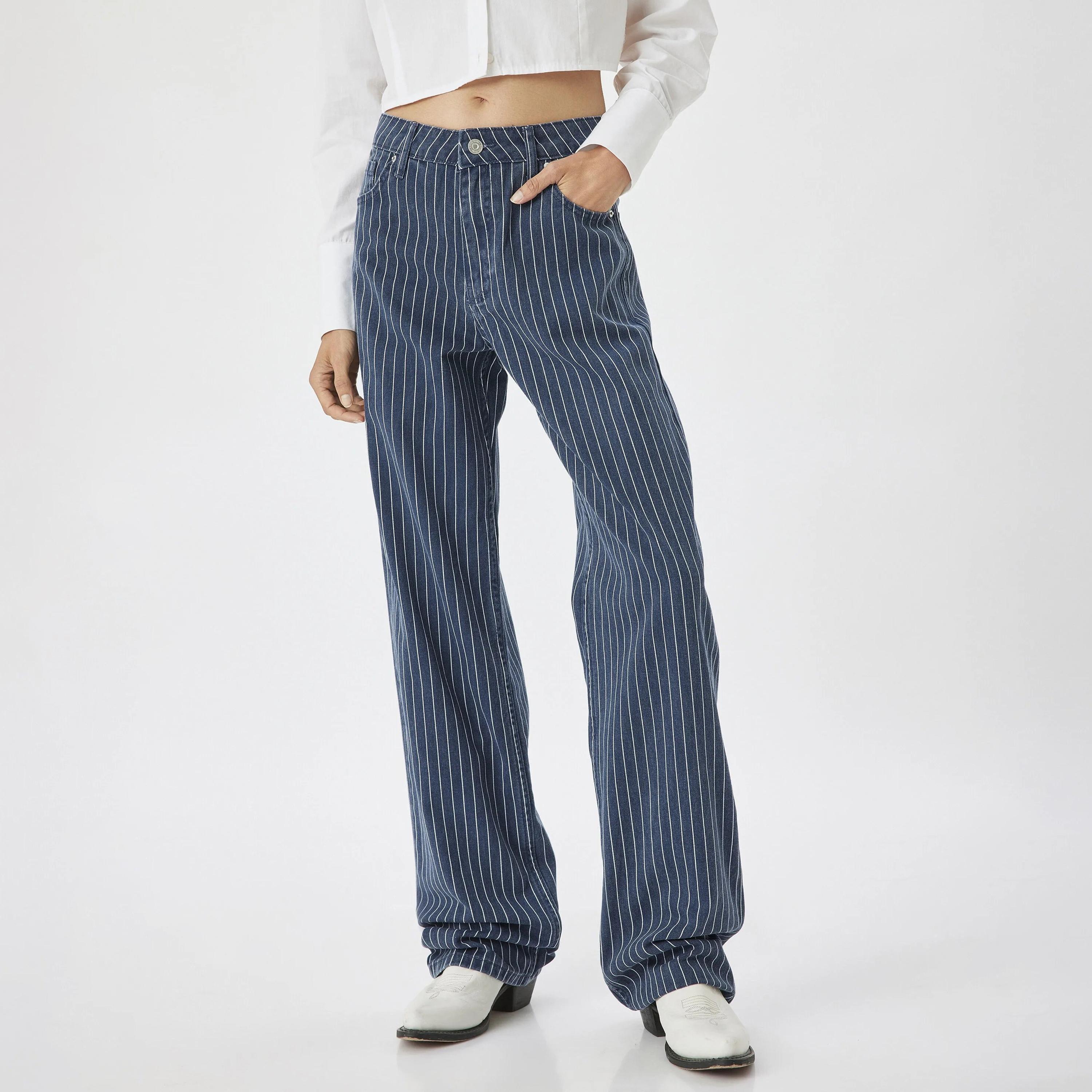 بنطلون جينز نسائي مخطط بقصة مستقيمة وخصر مرتفع من كوتون-women-clothing-bottoms-jeans-image-1
