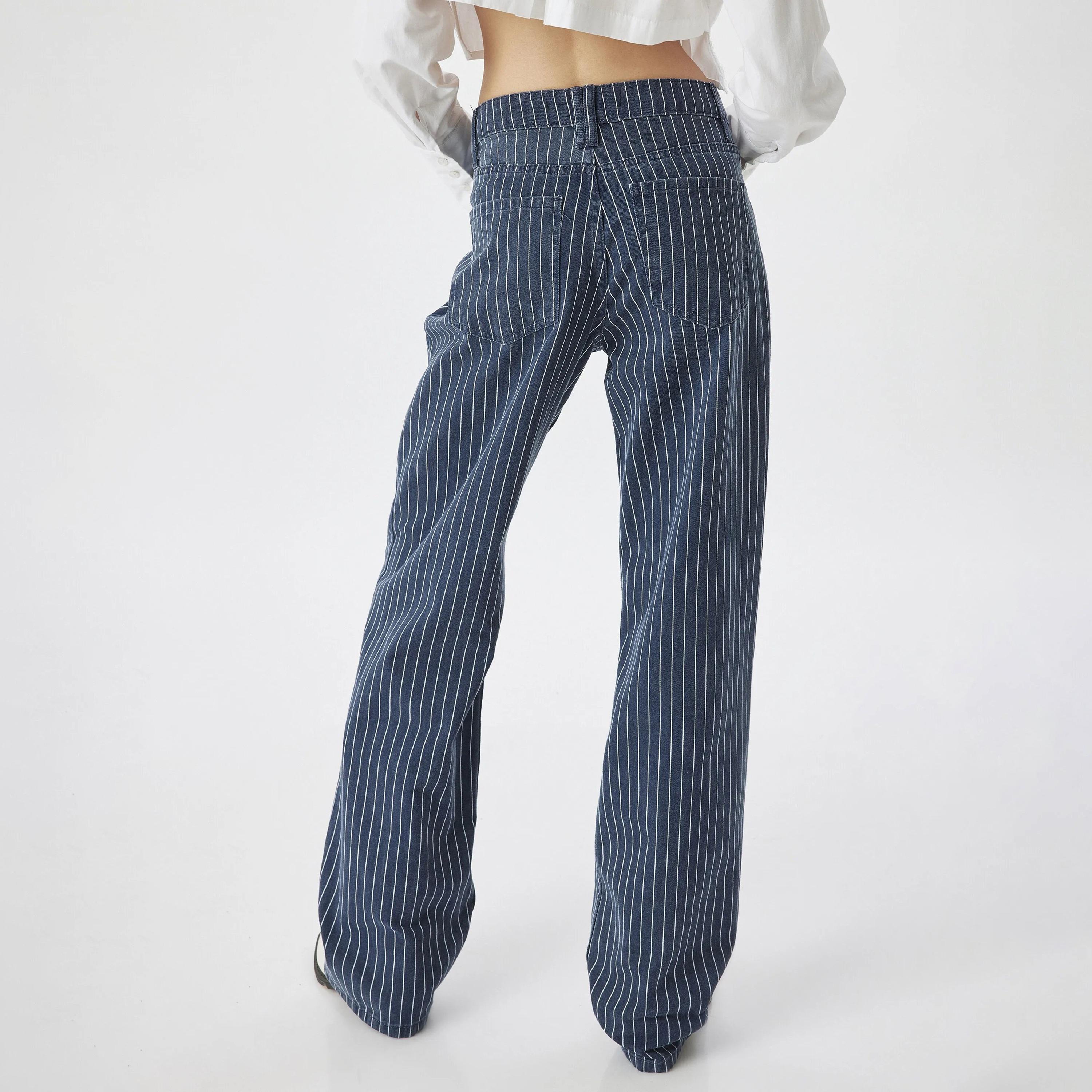 بنطلون جينز نسائي مخطط بقصة مستقيمة وخصر مرتفع من كوتون-women-clothing-bottoms-jeans-image-3