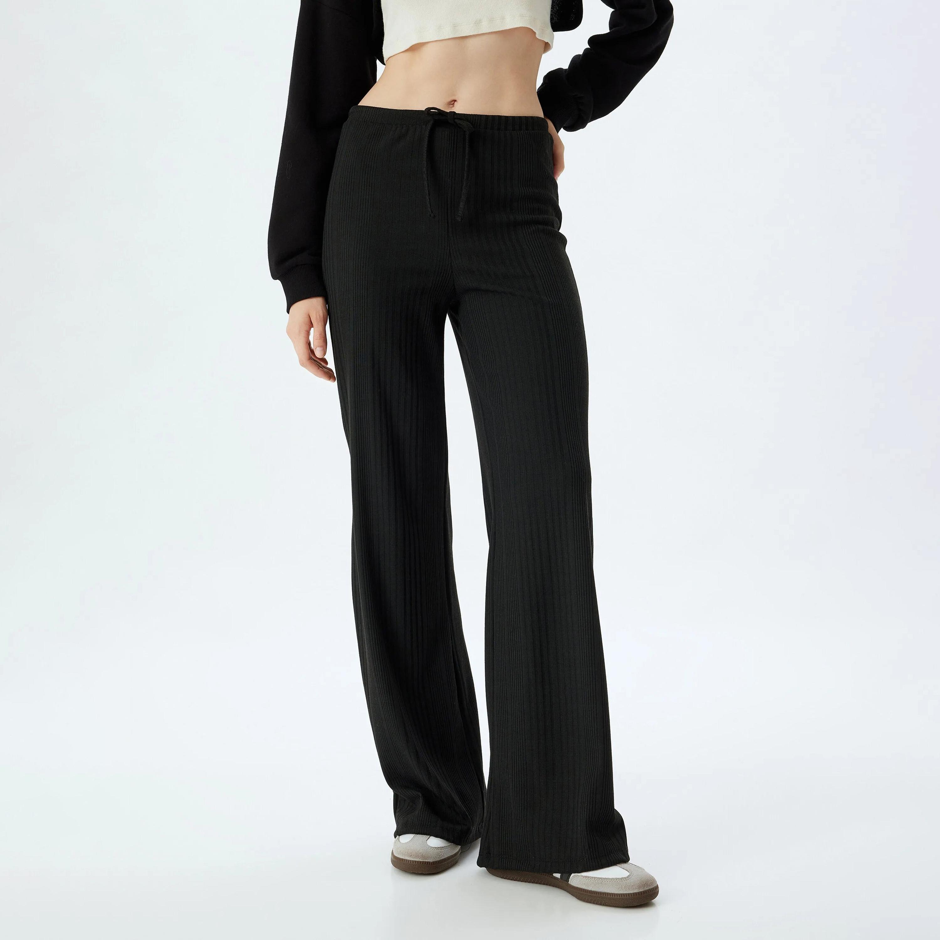 بنطلون نسائي أسود برباط خصر من كوتون-women-clothing-bottoms-trousers-image-1