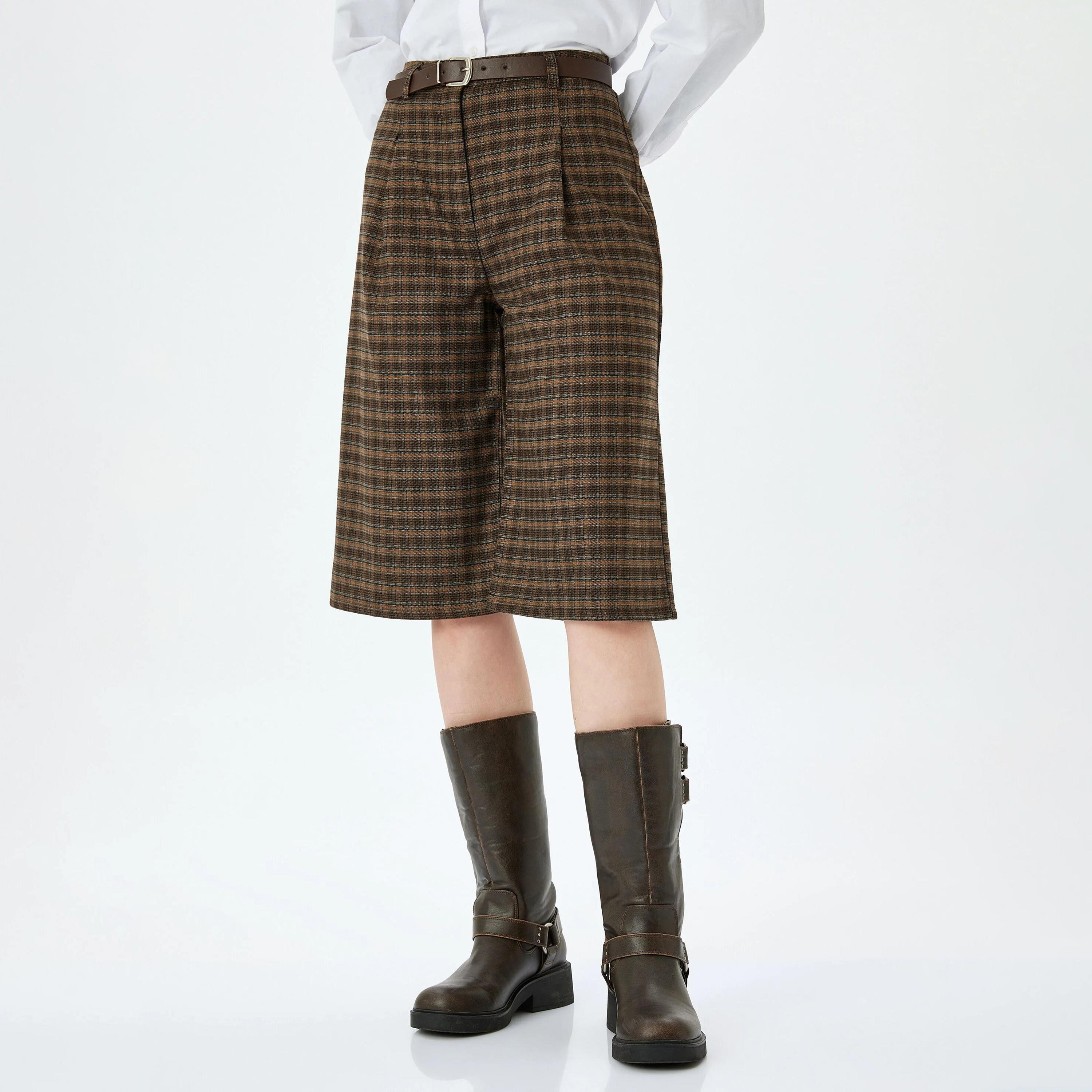 KOTON Brown Checked Zipped Women's Trousers-women-clothing-bottoms-shorts-image-1