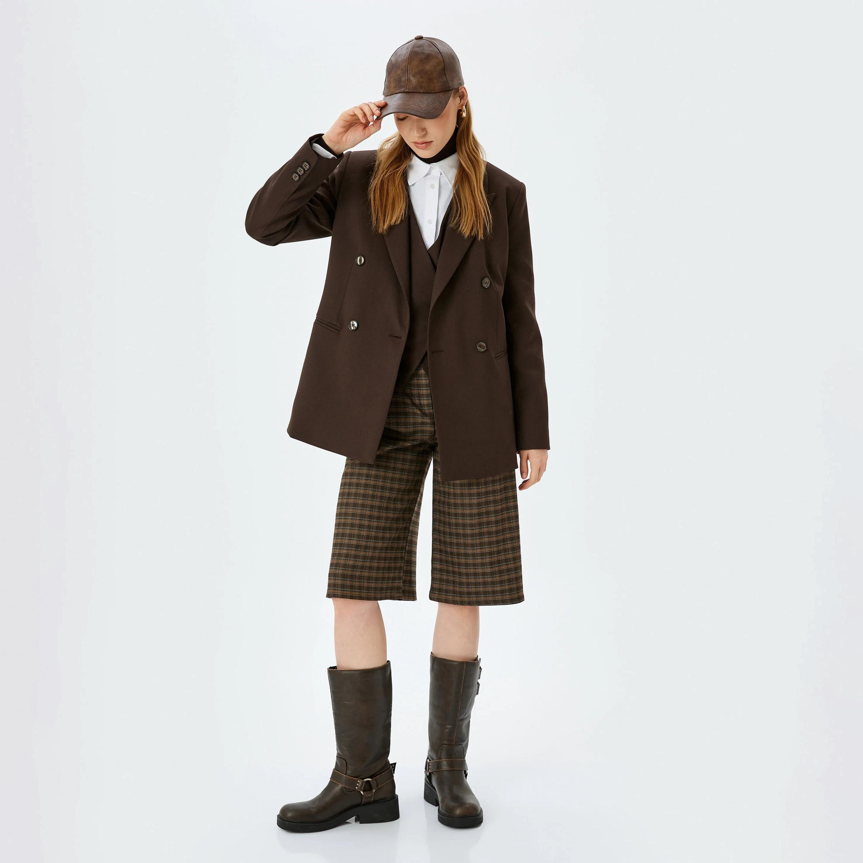 KOTON Brown Checked Zipped Women's Trousers-women-clothing-bottoms-shorts-image-2