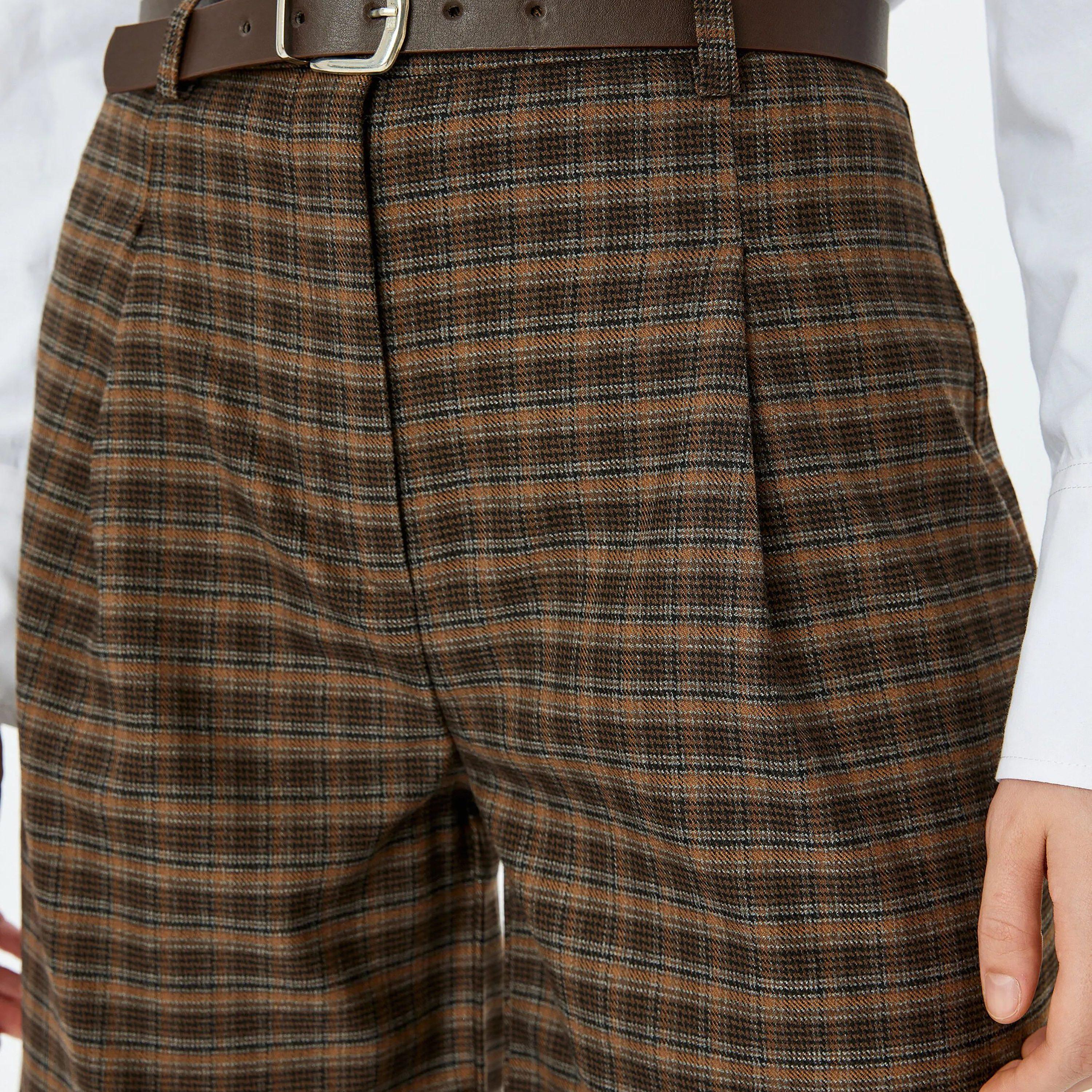 KOTON Brown Checked Zipped Women's Trousers-women-clothing-bottoms-shorts-image-4