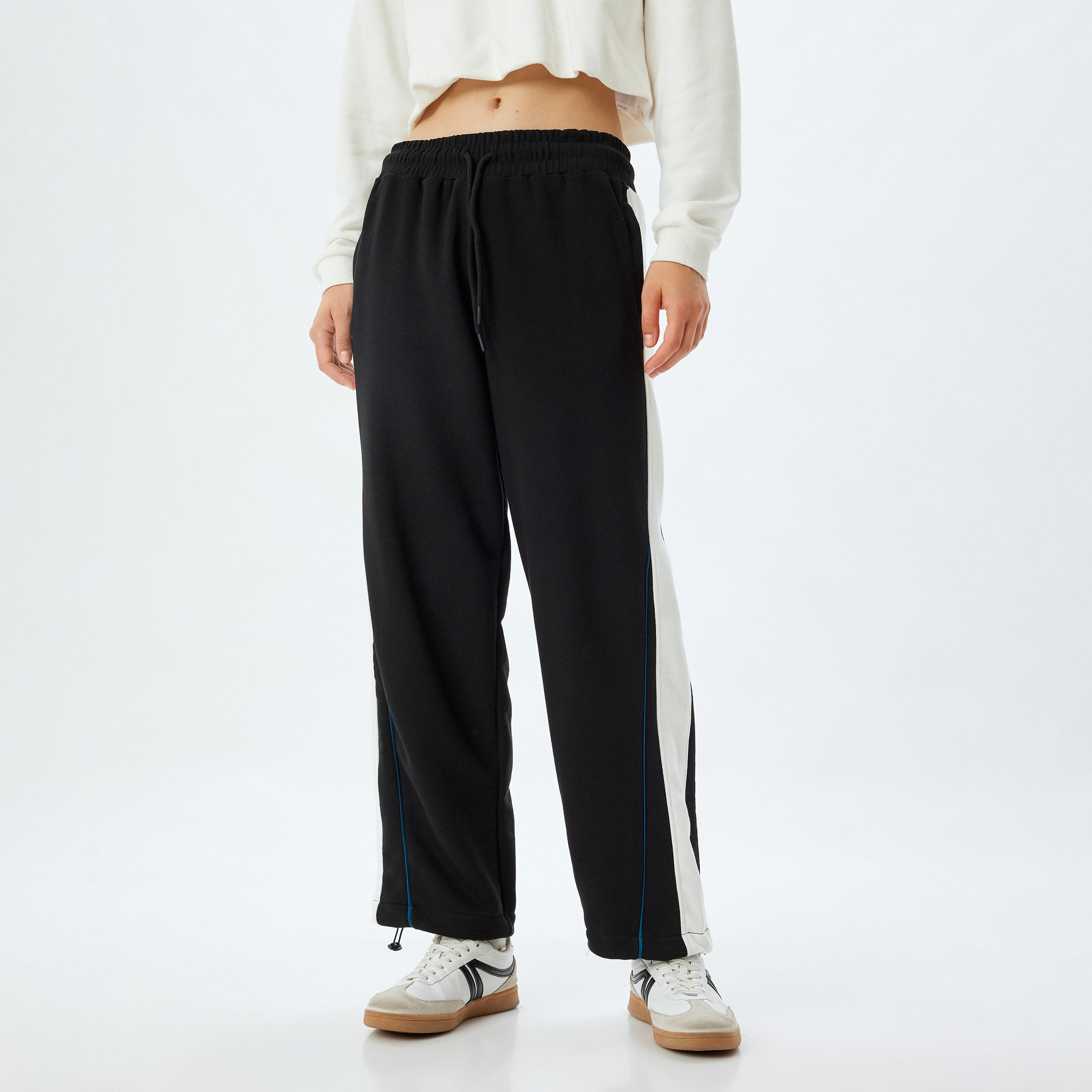 KOTON Black Color-Blocked Drawstring Waist Straight Women's Sweatpants-women-clothing-bottoms-joggers-image-1