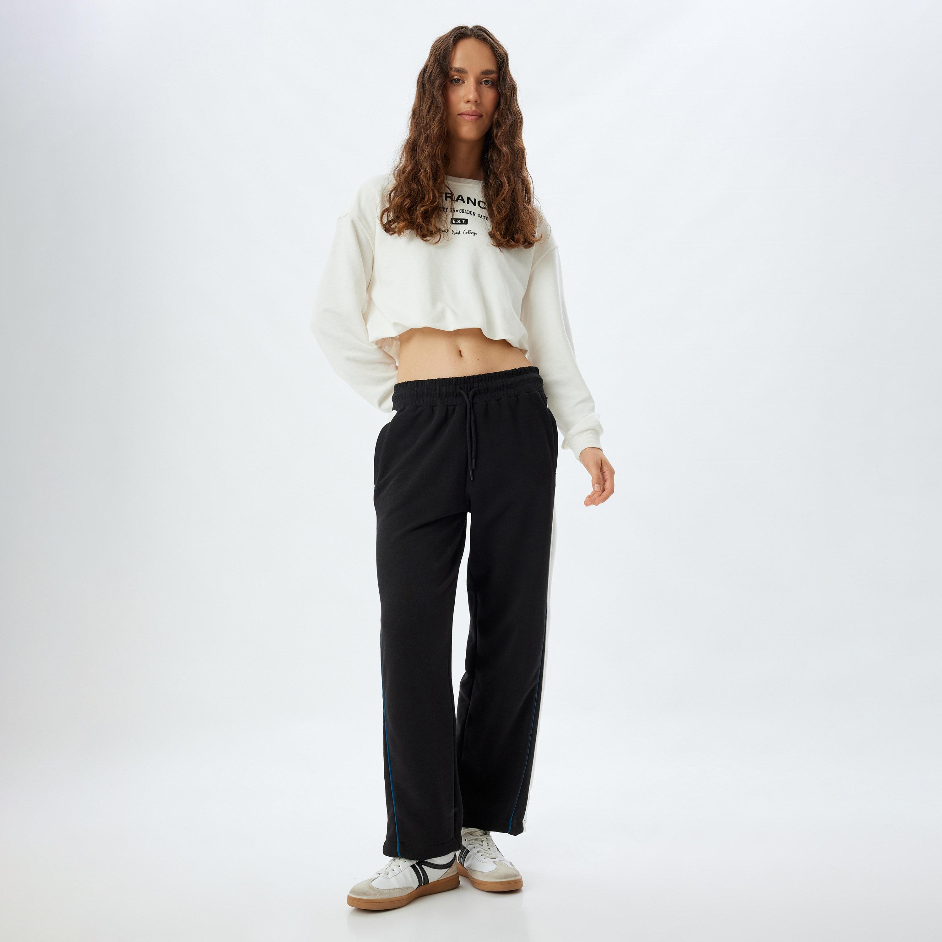 KOTON Black Color-Blocked Drawstring Waist Straight Women's Sweatpants-women-clothing-bottoms-joggers-image-2