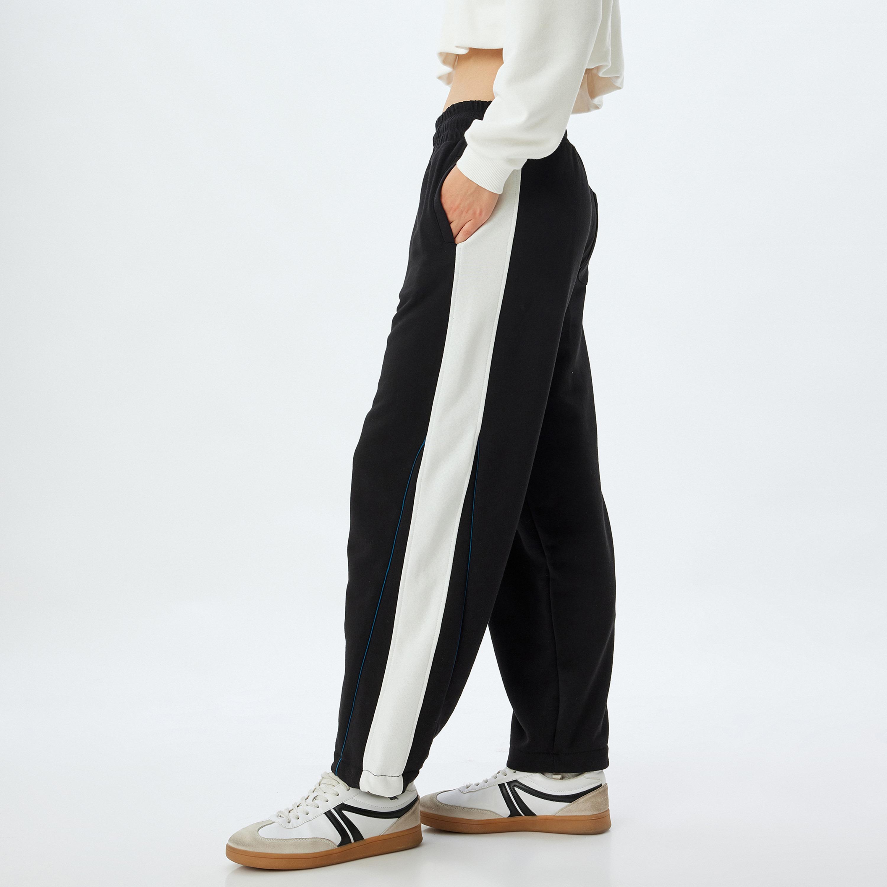 KOTON Black Color-Blocked Drawstring Waist Straight Women's Sweatpants-women-clothing-bottoms-joggers-image-3