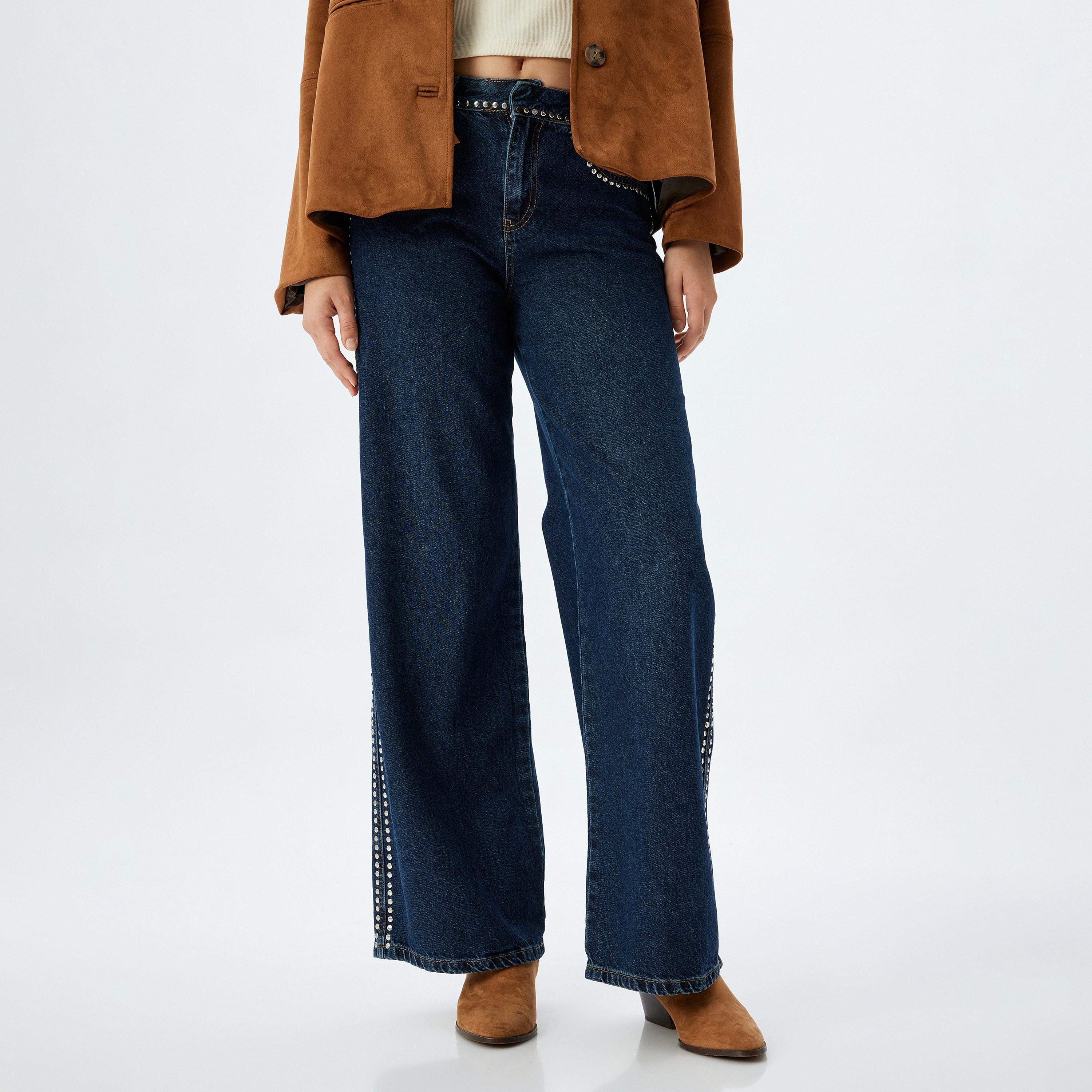 جينز نسائي بقصة أرجل واسعة ومظهر مغسول وخصر متوسط الارتفاع من كوتون-women-clothing-bottoms-jeans-image-1