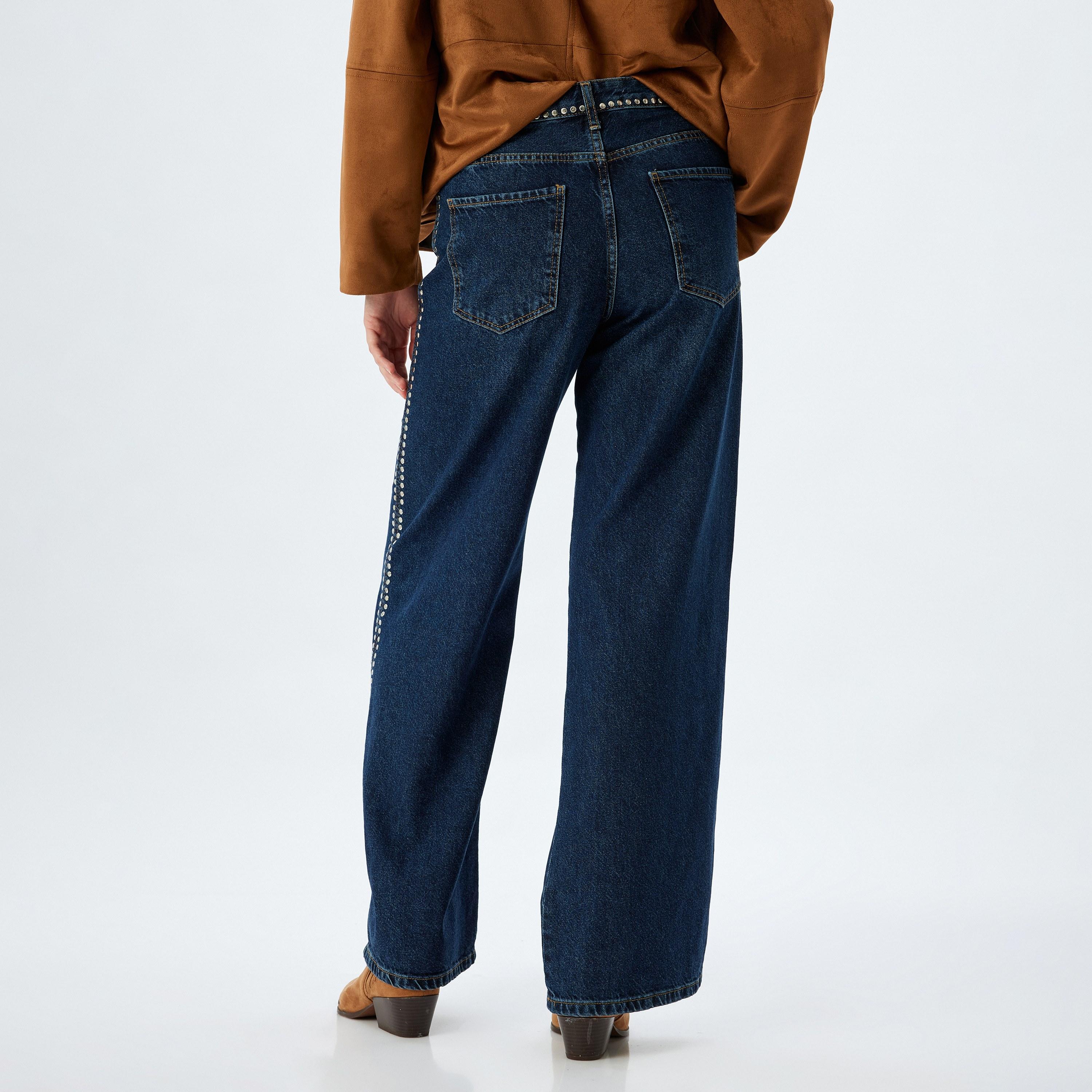 جينز نسائي بقصة أرجل واسعة ومظهر مغسول وخصر متوسط الارتفاع من كوتون-women-clothing-bottoms-jeans-image-3