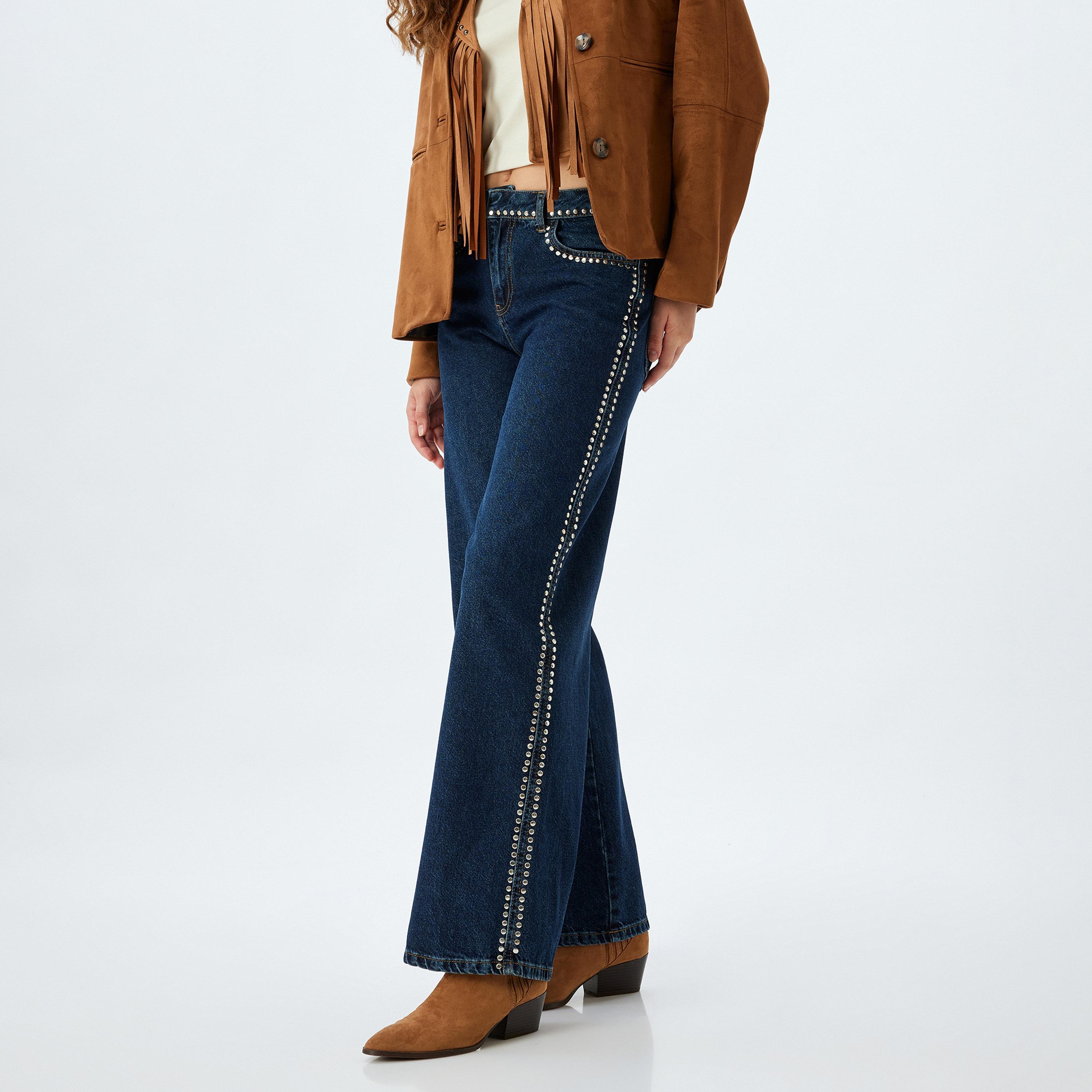 جينز نسائي بقصة أرجل واسعة ومظهر مغسول وخصر متوسط الارتفاع من كوتون-women-clothing-bottoms-jeans-image-4
