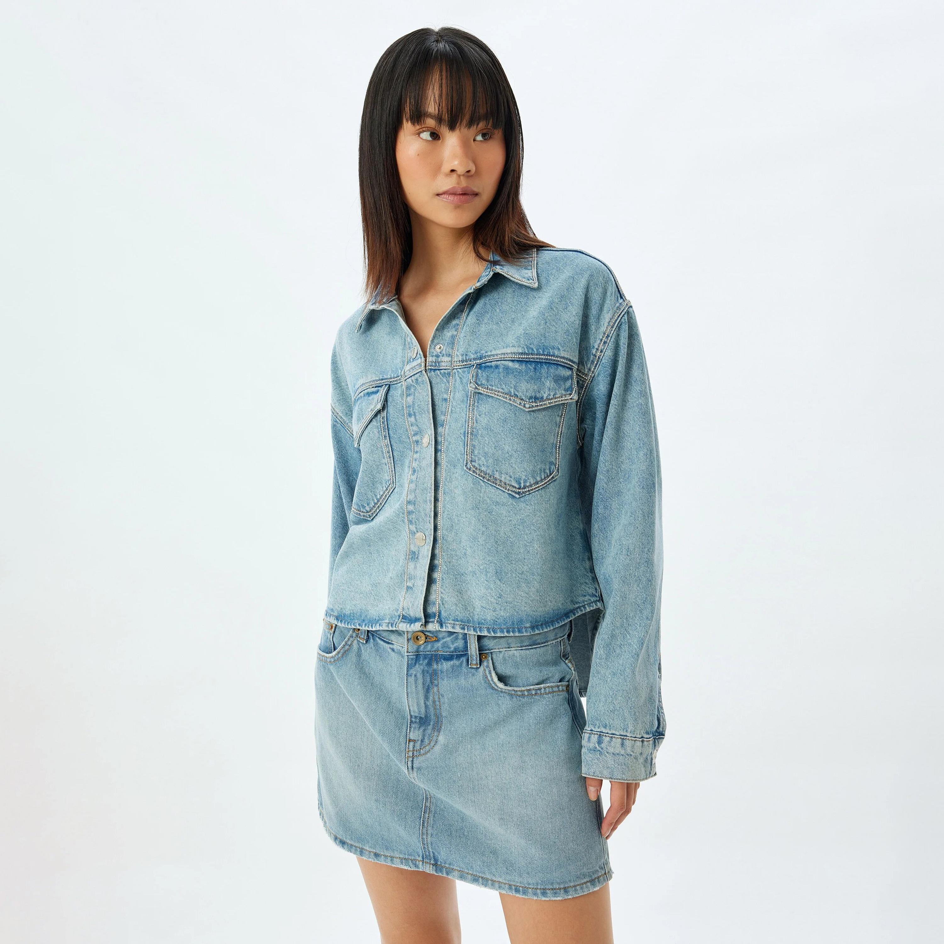 KOTON Blue Cotton Collared Women's Jacket-women-winterwear-coatsandjackets-jackets-image-1
