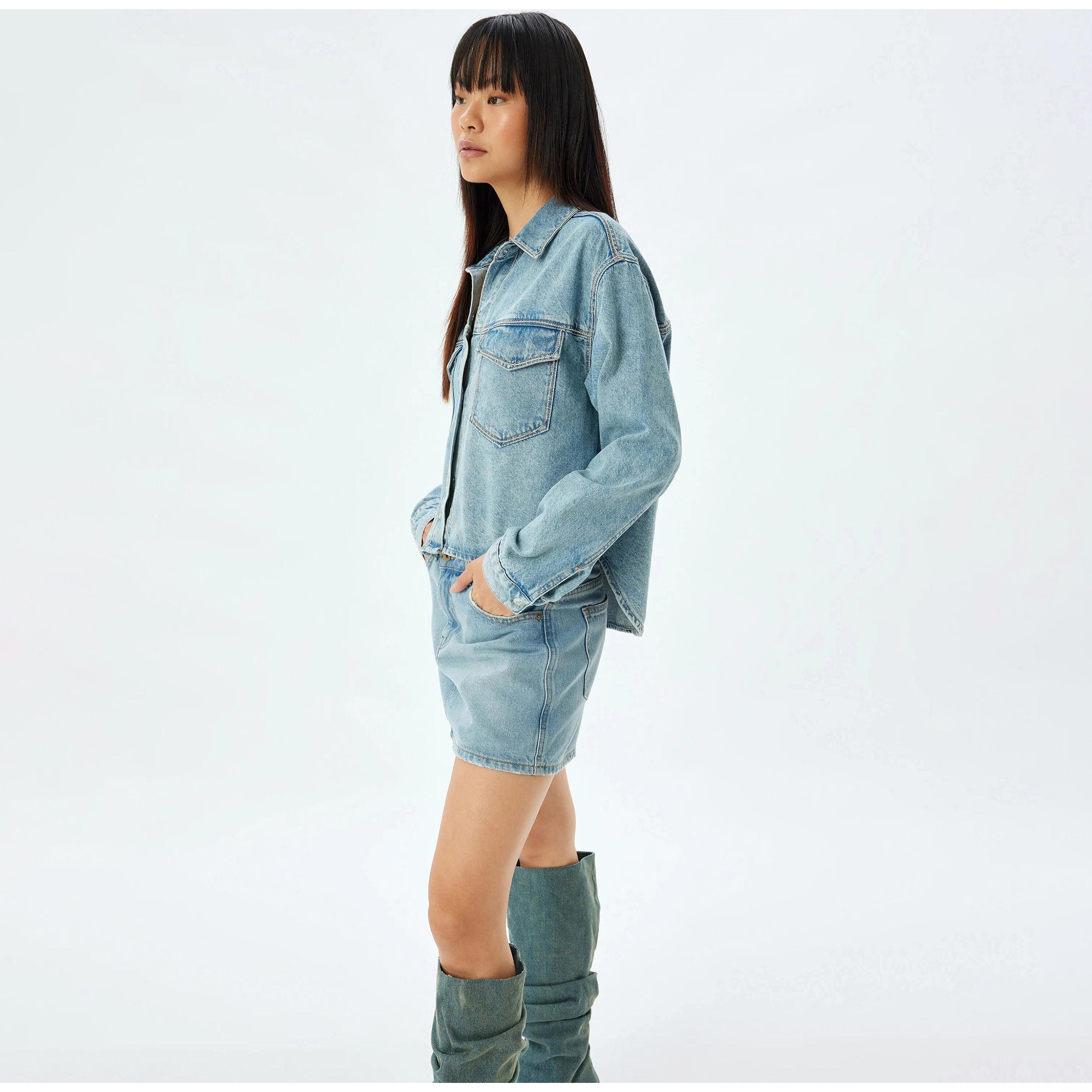 KOTON Blue Cotton Collared Women's Jacket-women-winterwear-coatsandjackets-jackets-image-2