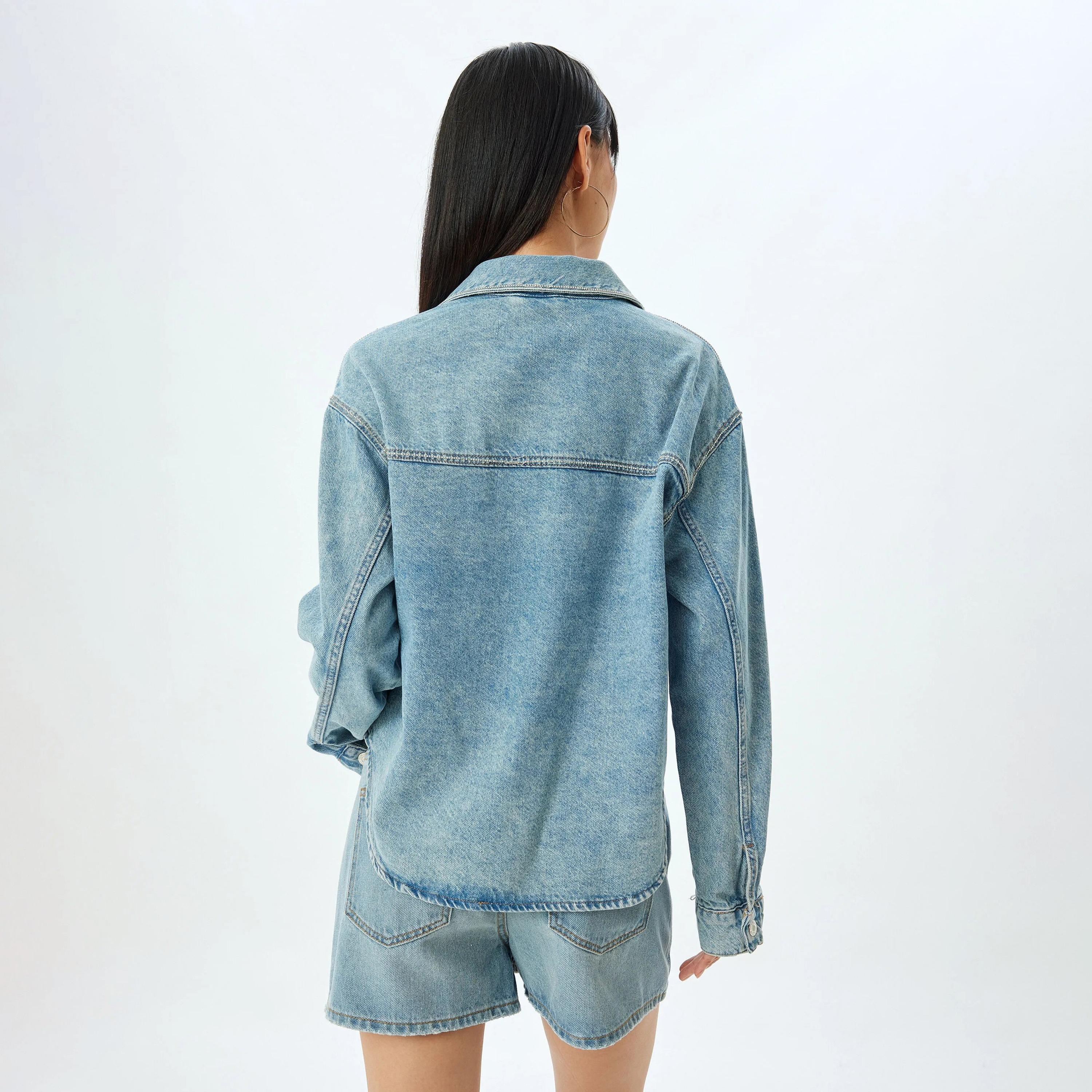 KOTON Blue Cotton Collared Women's Jacket-women-winterwear-coatsandjackets-jackets-image-3
