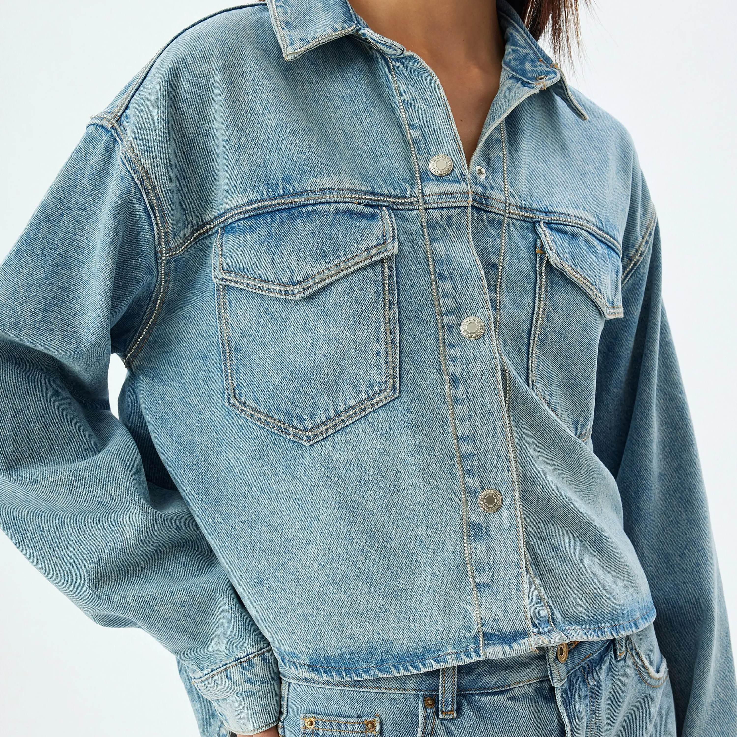 KOTON Blue Cotton Collared Women's Jacket-women-winterwear-coatsandjackets-jackets-image-4