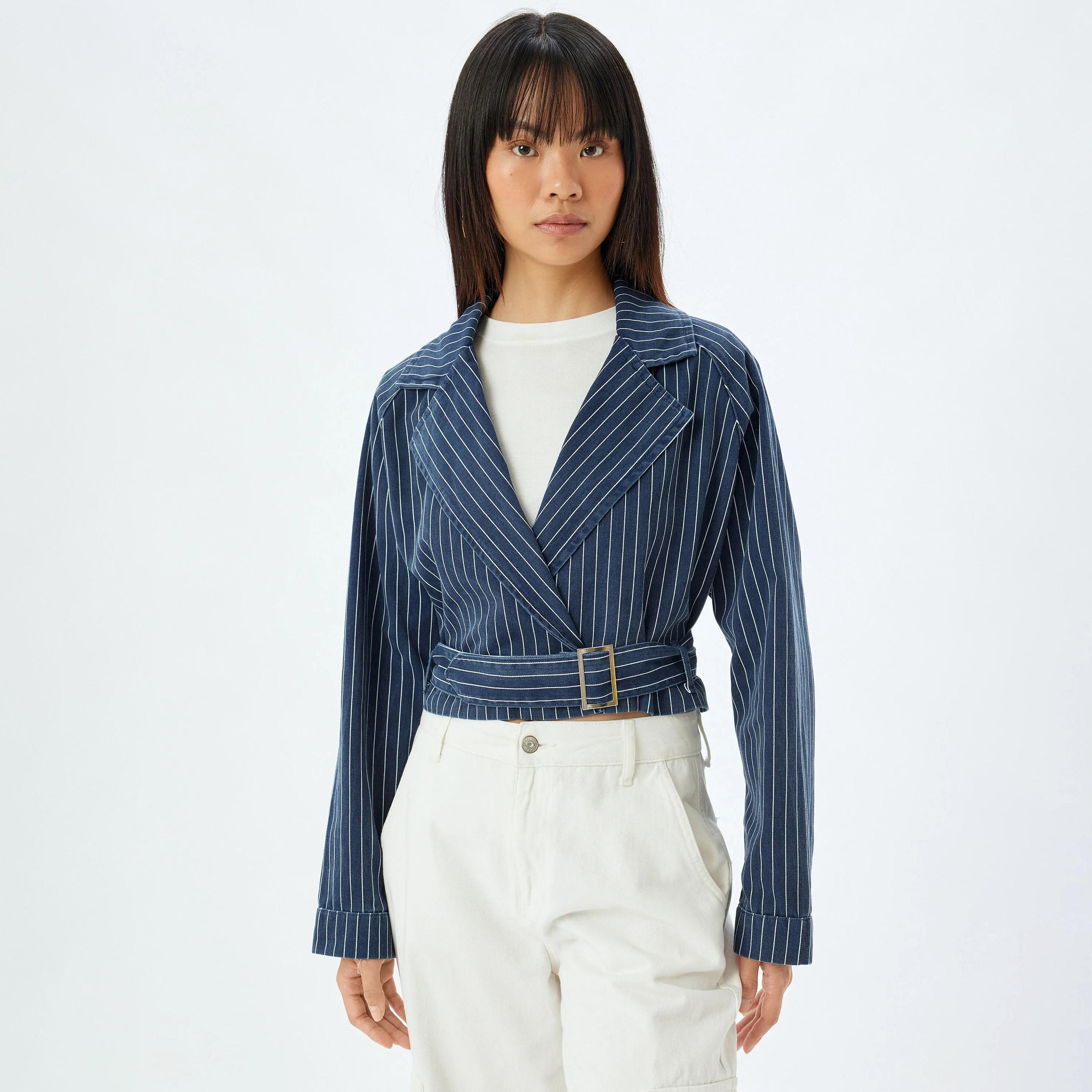 KOTON Blue Striped Cotton Lapel collar Women's Jacket-women-winterwear-coatsandjackets-jackets-image-1