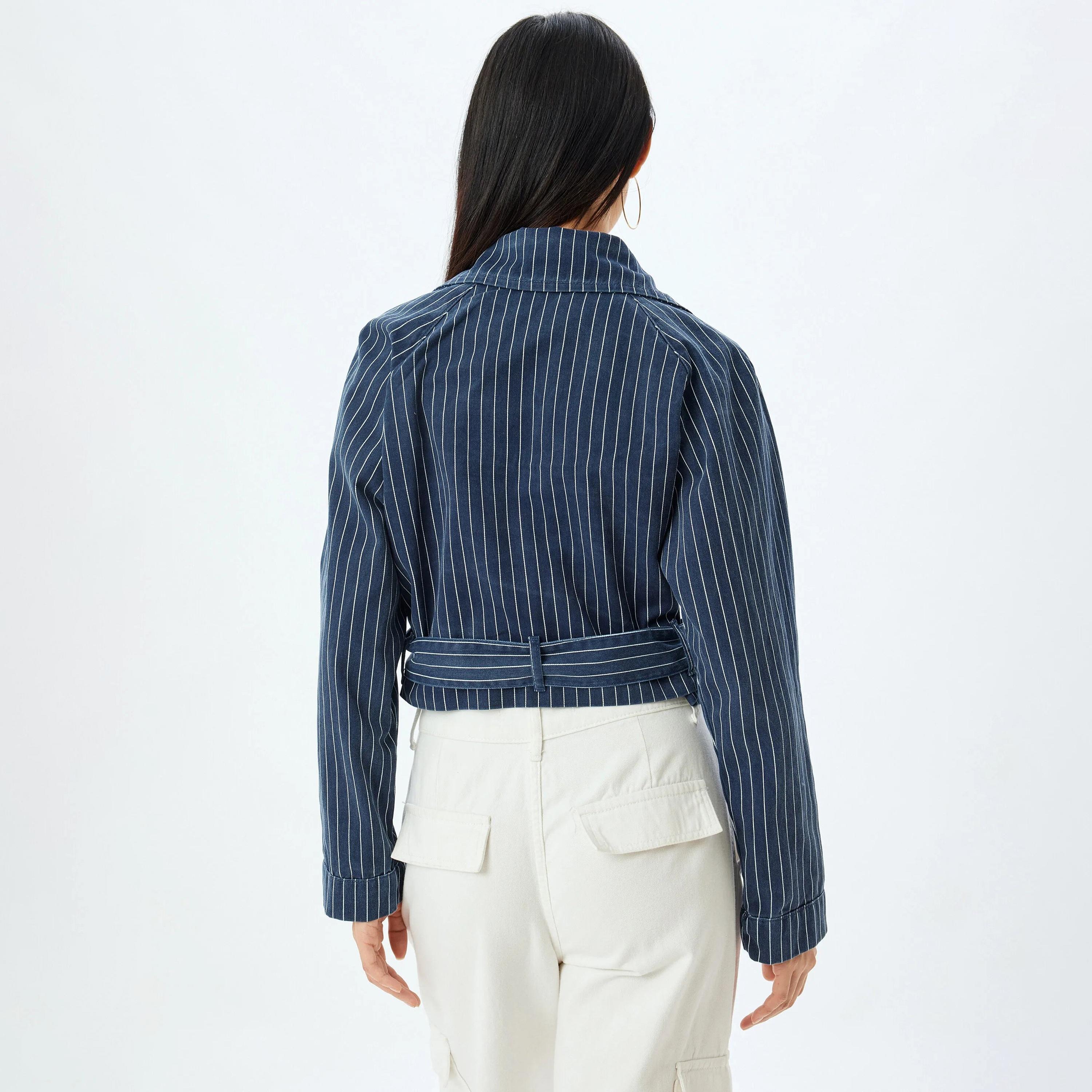 KOTON Blue Striped Cotton Lapel collar Women's Jacket-women-winterwear-coatsandjackets-jackets-image-3