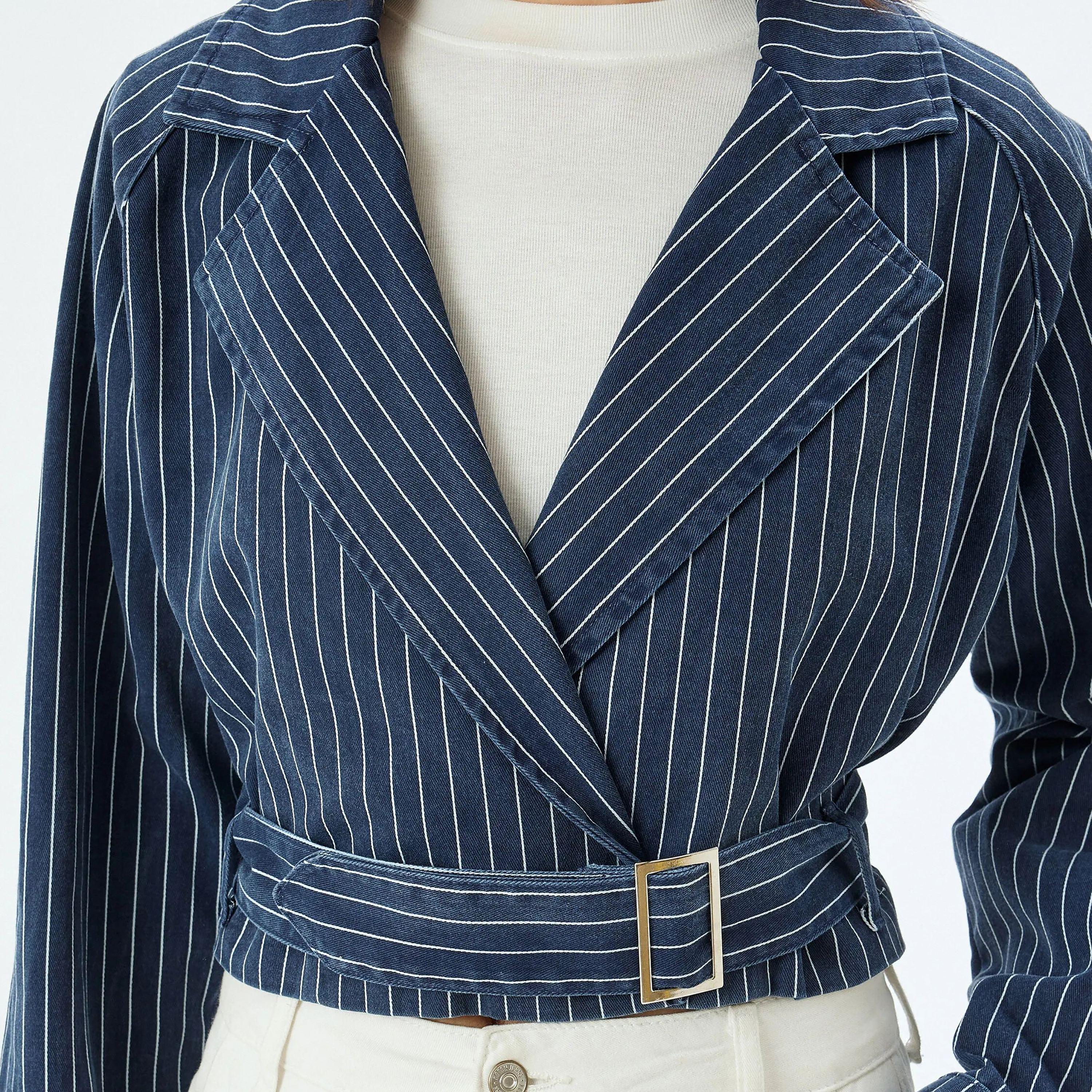 KOTON Blue Striped Cotton Lapel collar Women's Jacket-women-winterwear-coatsandjackets-jackets-image-4