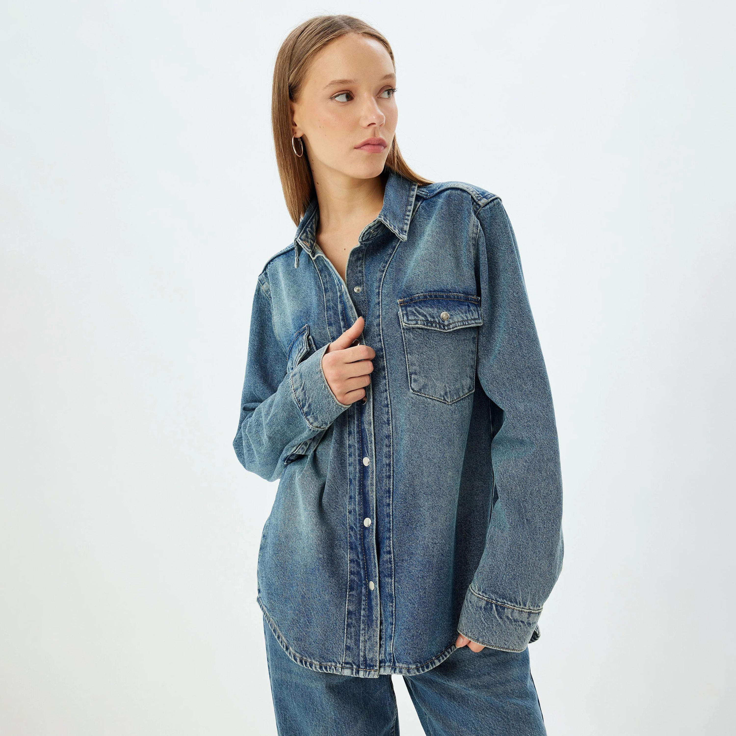 KOTON Blue Washed Cotton Collared Women's Shirt-women-clothing-shirtsandblouses-shirts-image-1