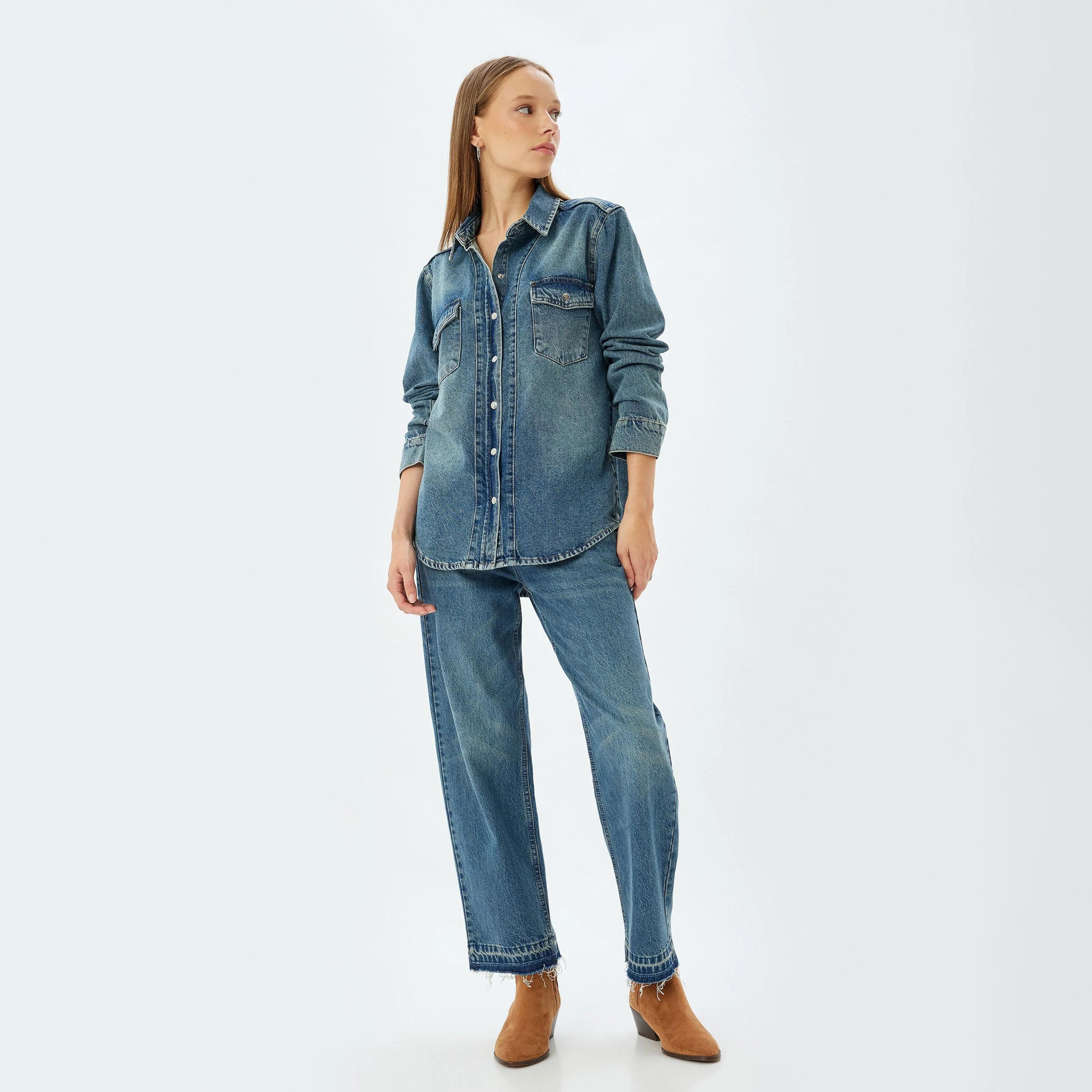 KOTON Blue Washed Cotton Collared Women's Shirt-women-clothing-shirtsandblouses-shirts-image-2