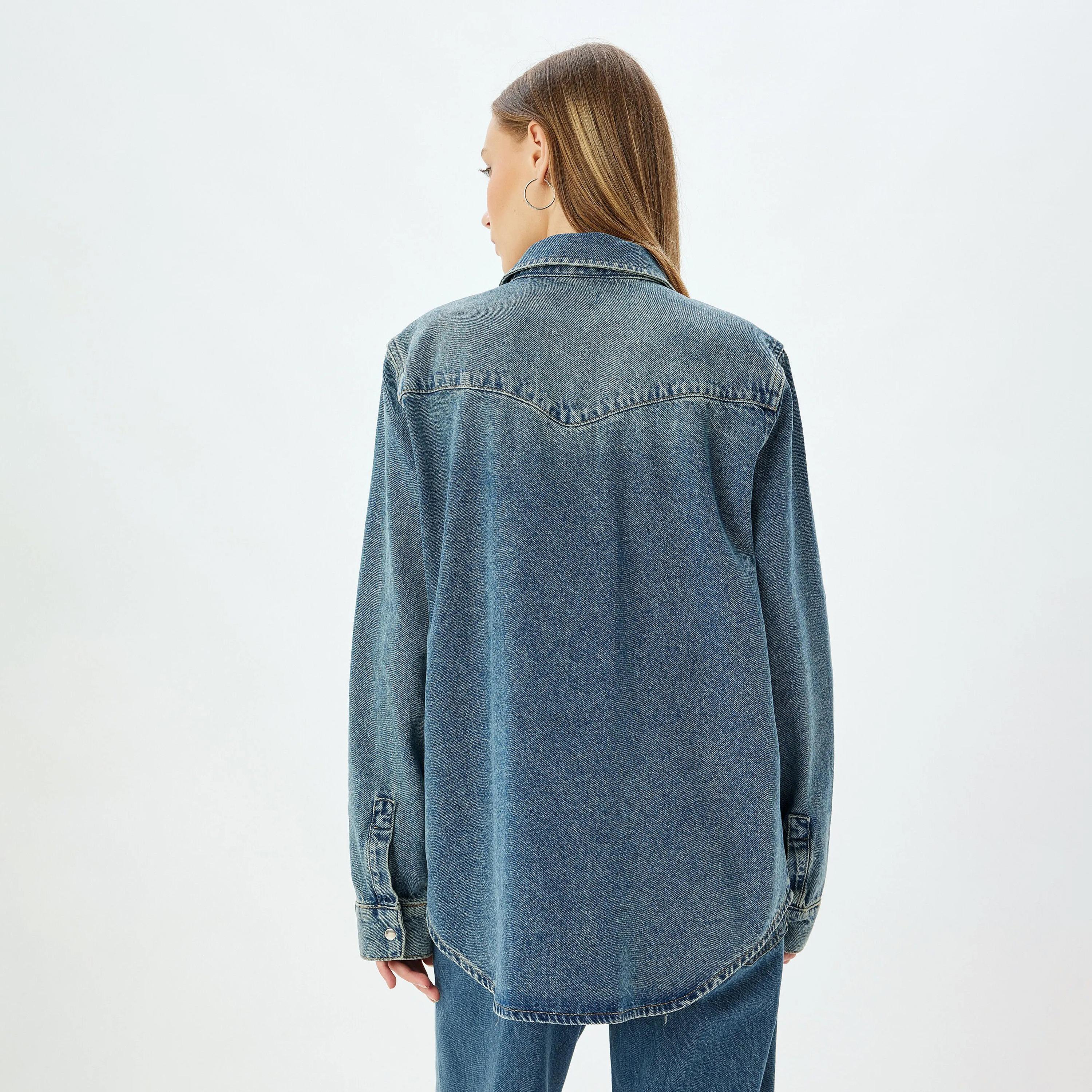 KOTON Blue Washed Cotton Collared Women's Shirt-women-clothing-shirtsandblouses-shirts-image-3