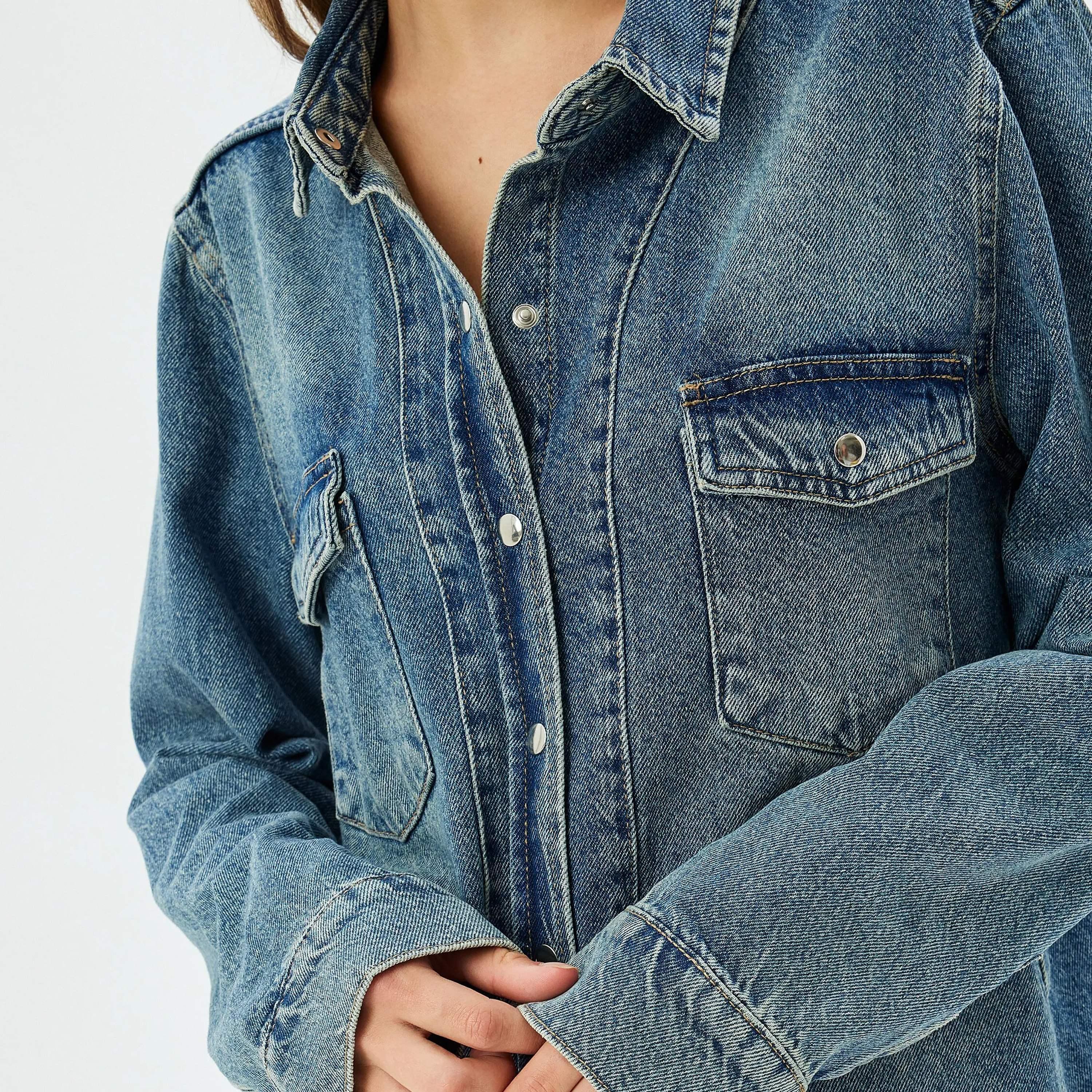 KOTON Blue Washed Cotton Collared Women's Shirt-women-clothing-shirtsandblouses-shirts-image-4