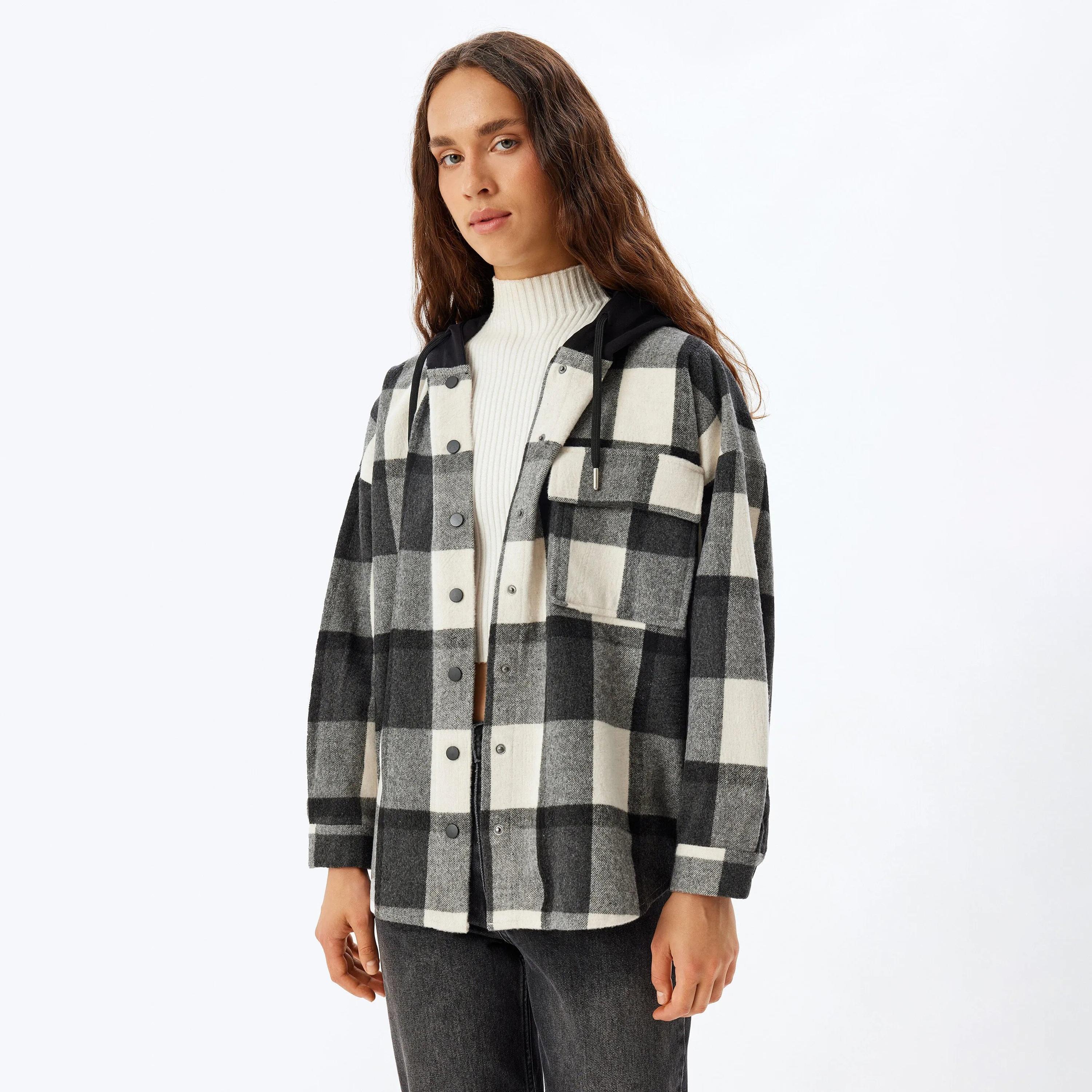 KOTON Grey Checked Hooded Neck Women's Shacket-women-clothing-shirtsandblouses-shirts-image-1