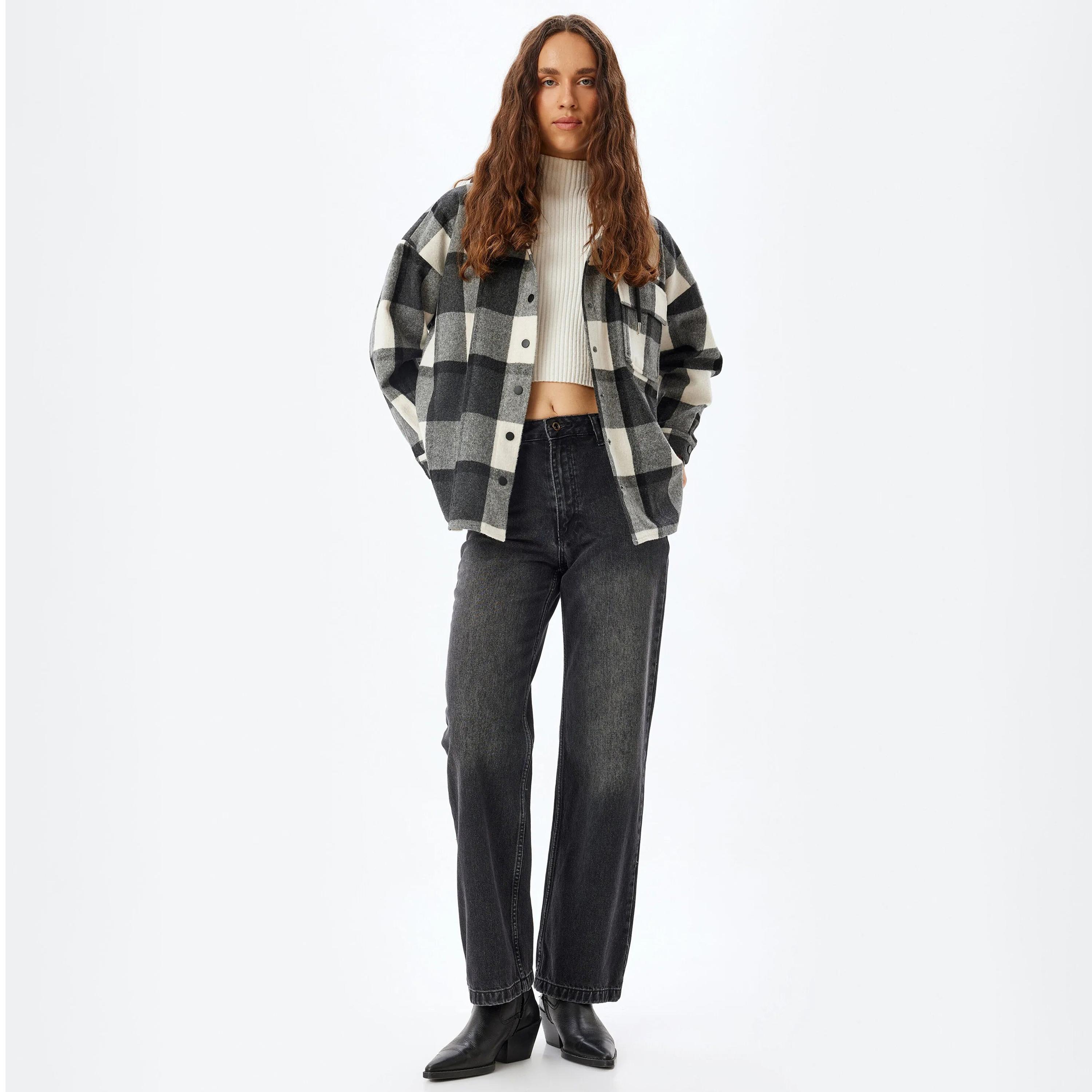 KOTON Grey Checked Hooded Neck Women's Shacket-women-clothing-shirtsandblouses-shirts-image-2