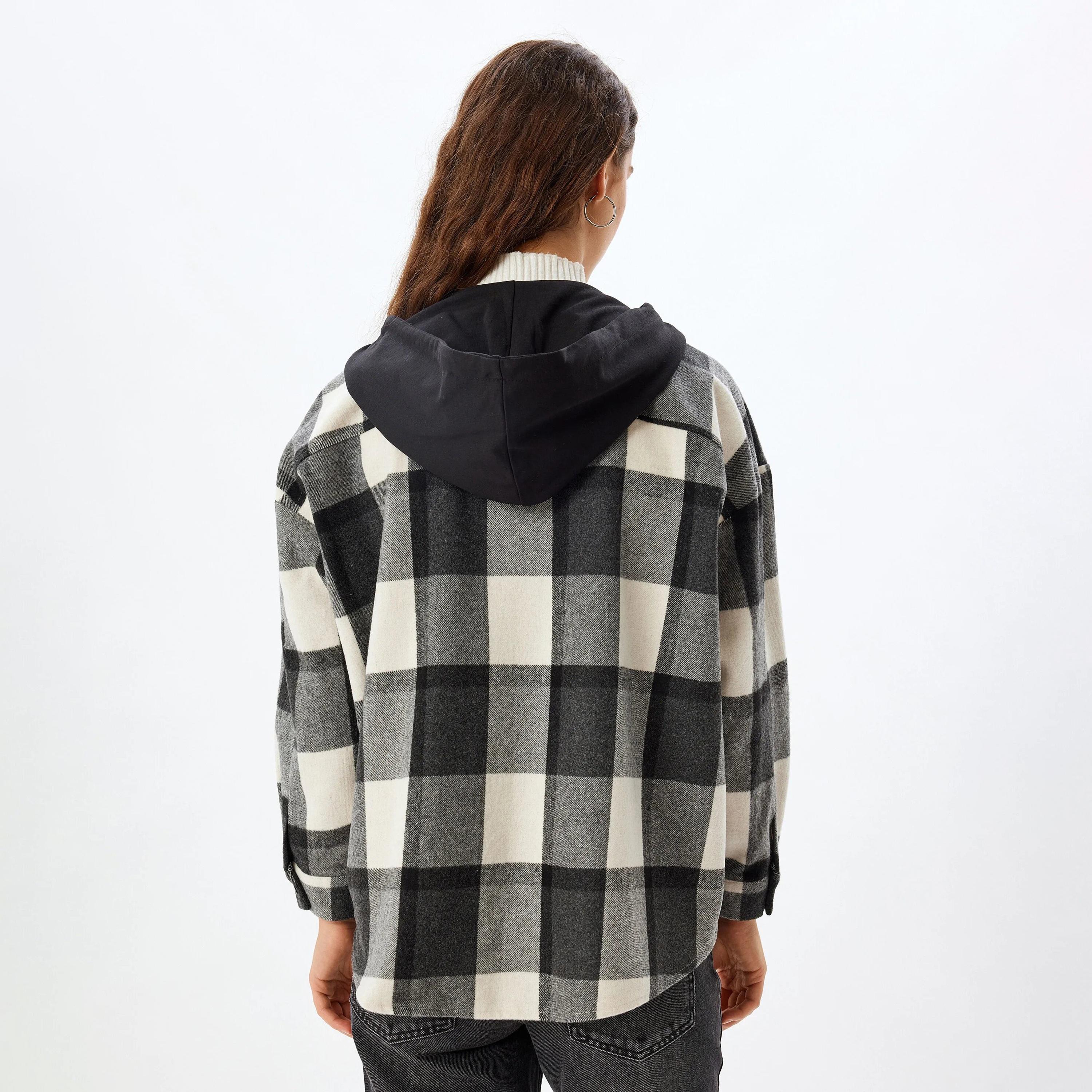 KOTON Grey Checked Hooded Neck Women's Shacket-women-clothing-shirtsandblouses-shirts-image-3