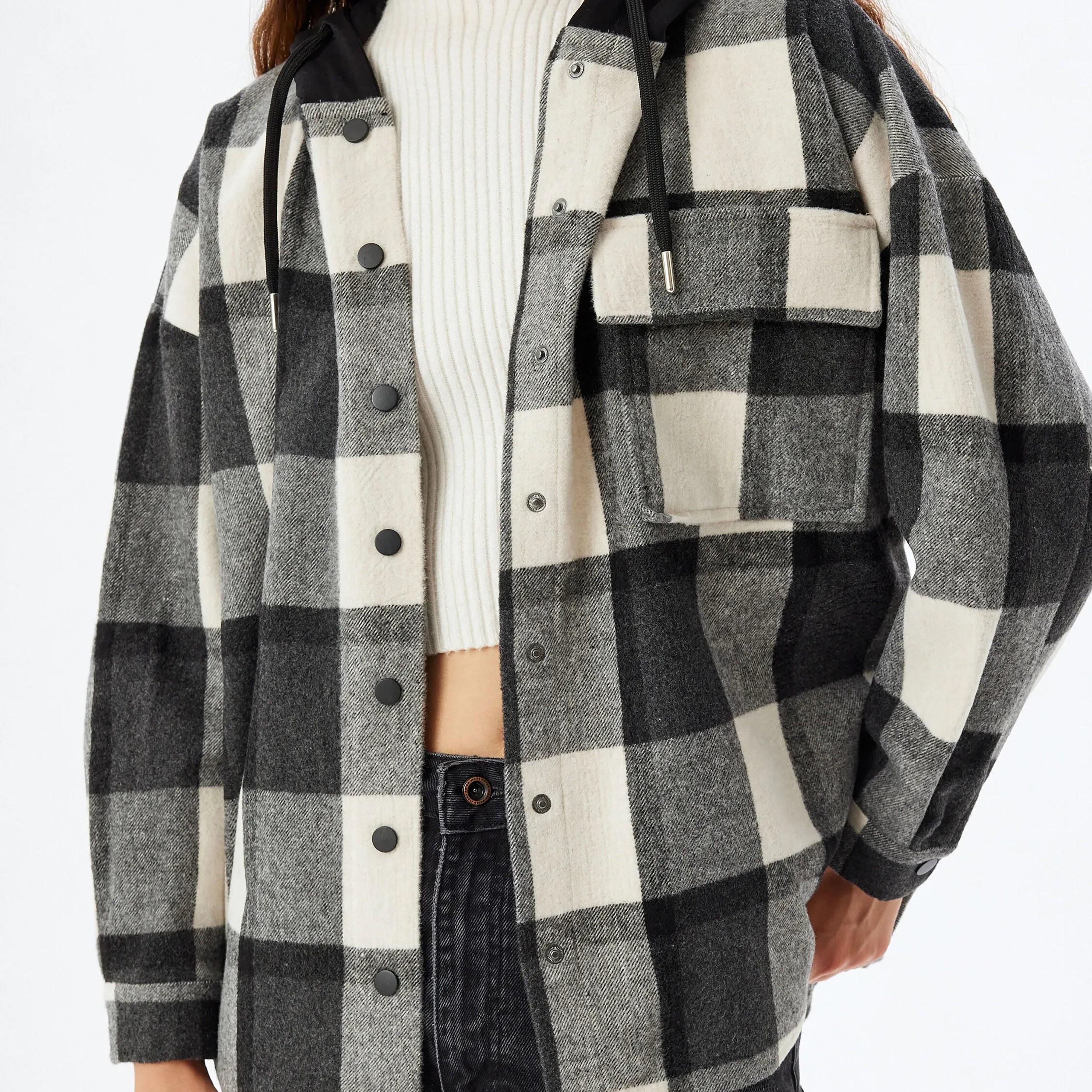 KOTON Grey Checked Hooded Neck Women's Shacket-women-clothing-shirtsandblouses-shirts-image-4
