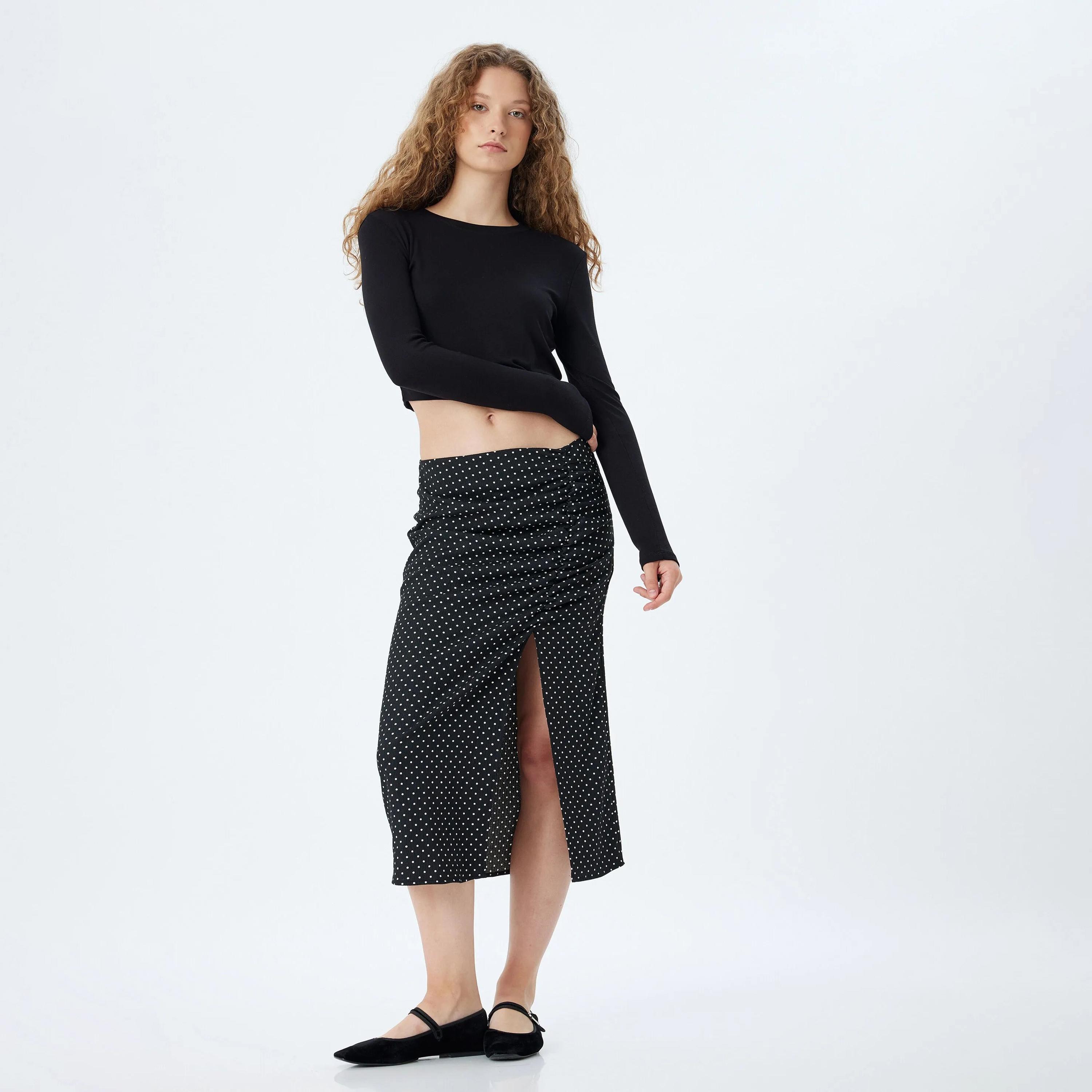 KOTON Black Polka Dot Concealed Zip Women's Skirt-women-clothing-bottoms-skirts-image-2