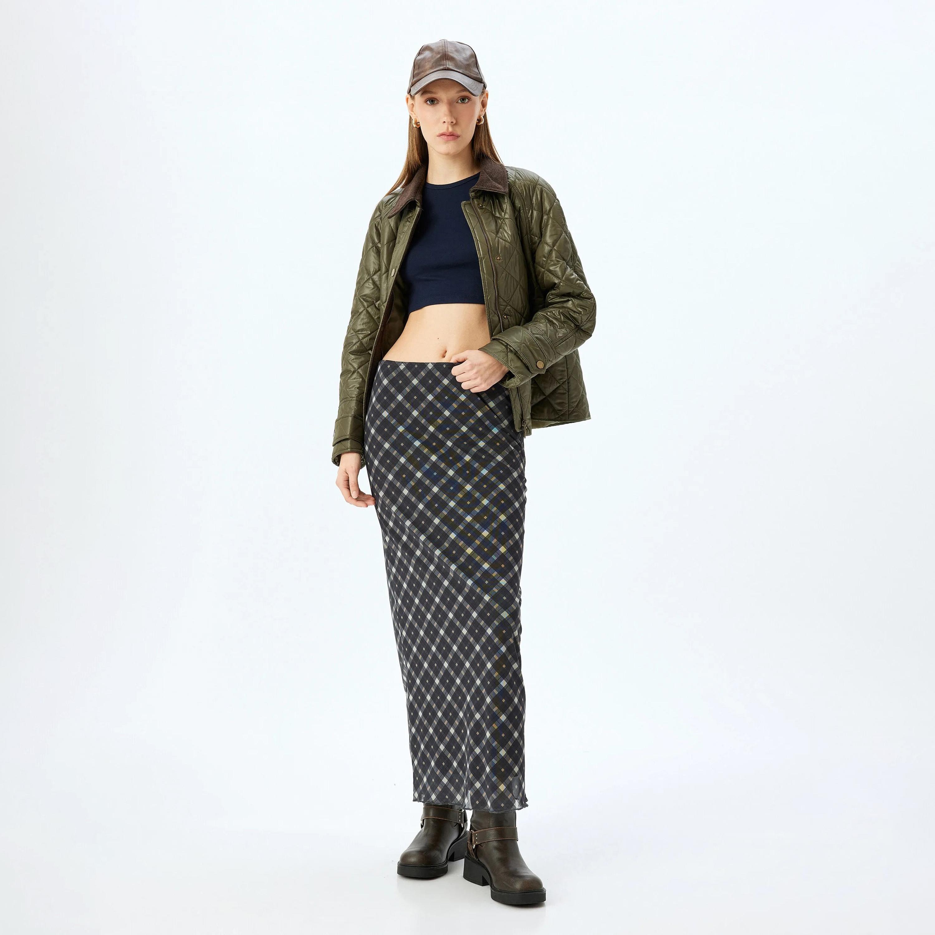 KOTON Black Checked Concealed Zip Women's Skirt-women-clothing-bottoms-skirts-image-2