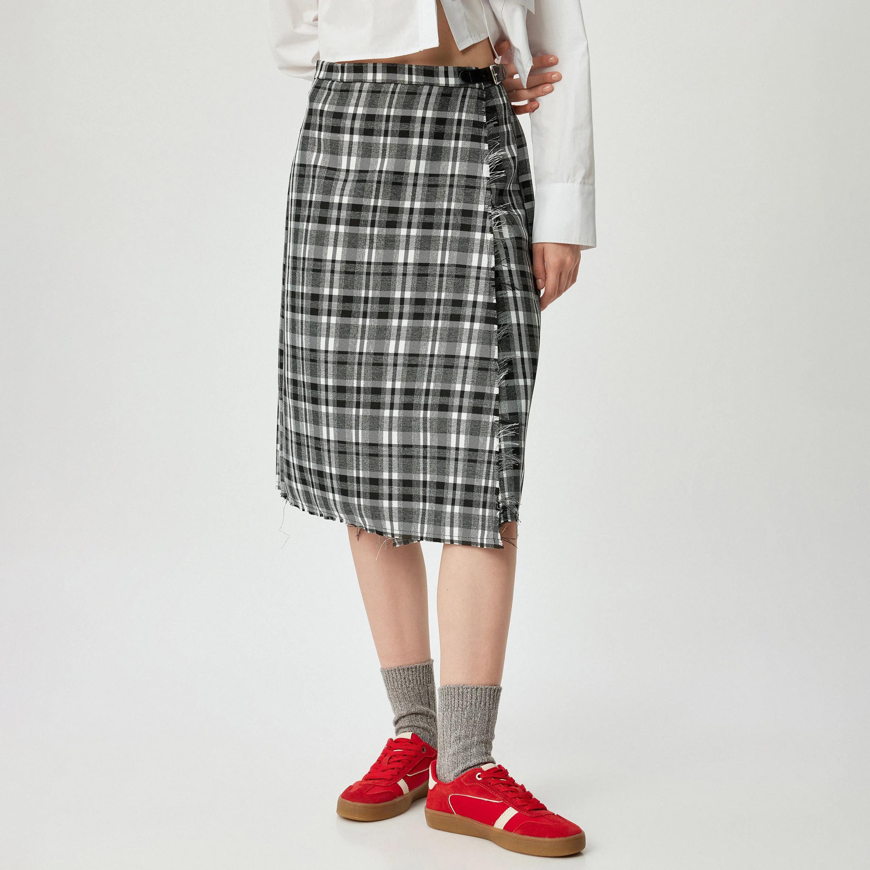 KOTON Grey Checked & Pleated Buckle Closure Women's Skirt-women-clothing-bottoms-skirts-image-1