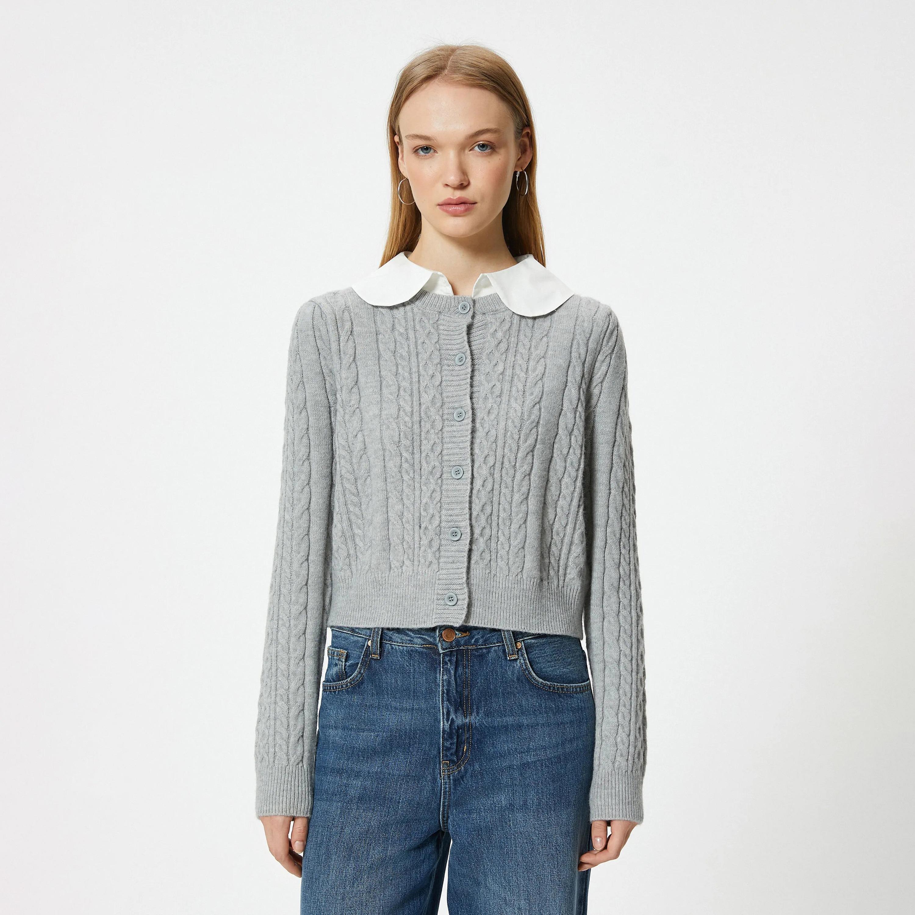 كارديجان نسائي رمادي محبوك بالكابل من كوتون-women-winterwear-cardigansandjumpers-cardigans-image-1