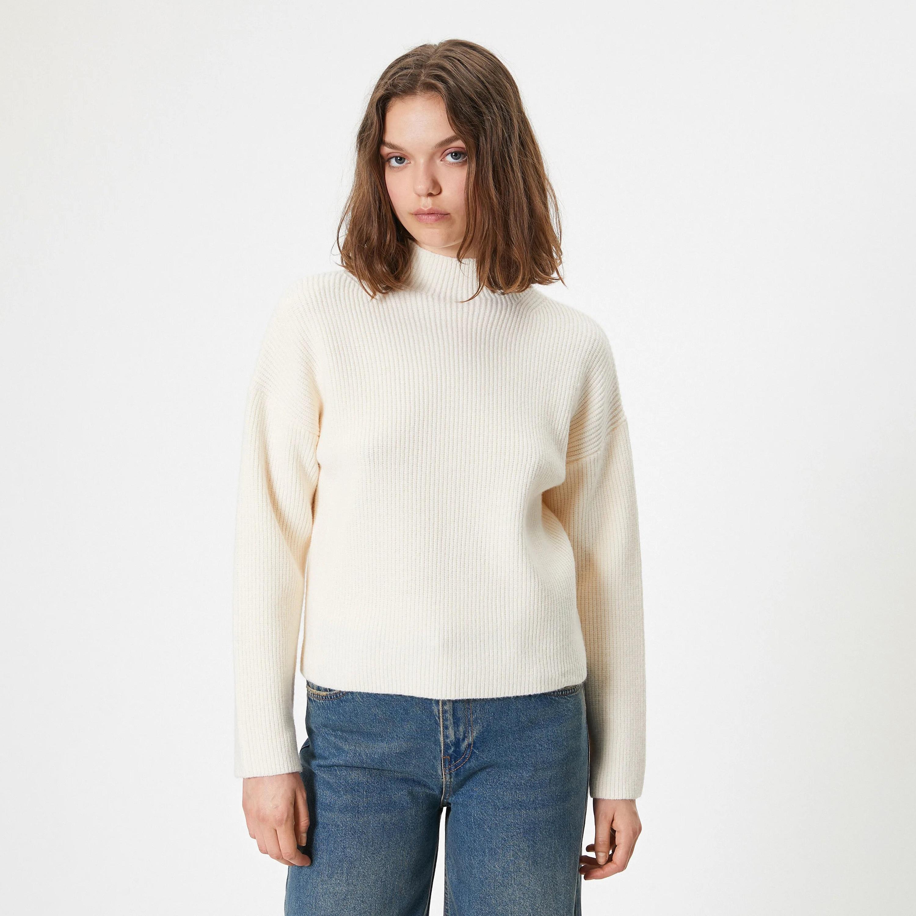 KOTON Cream Ribbed High Neck Women's Sweater-women-winterwear-cardigansandjumpers-jumpers-image-1