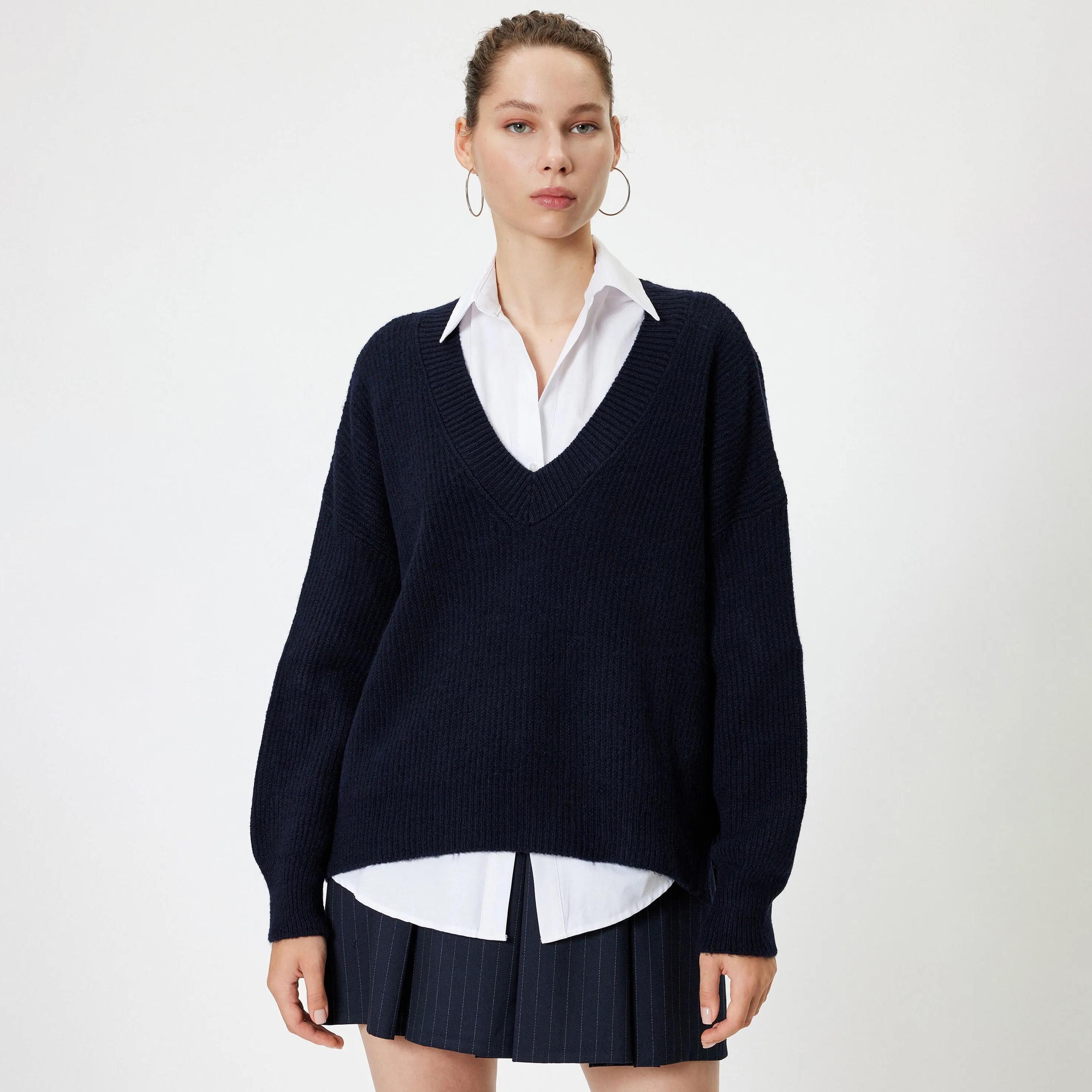 KOTON Blue Ribbed Dropped Sleeves Women's Sweater-women-winterwear-cardigansandjumpers-jumpers-image-1
