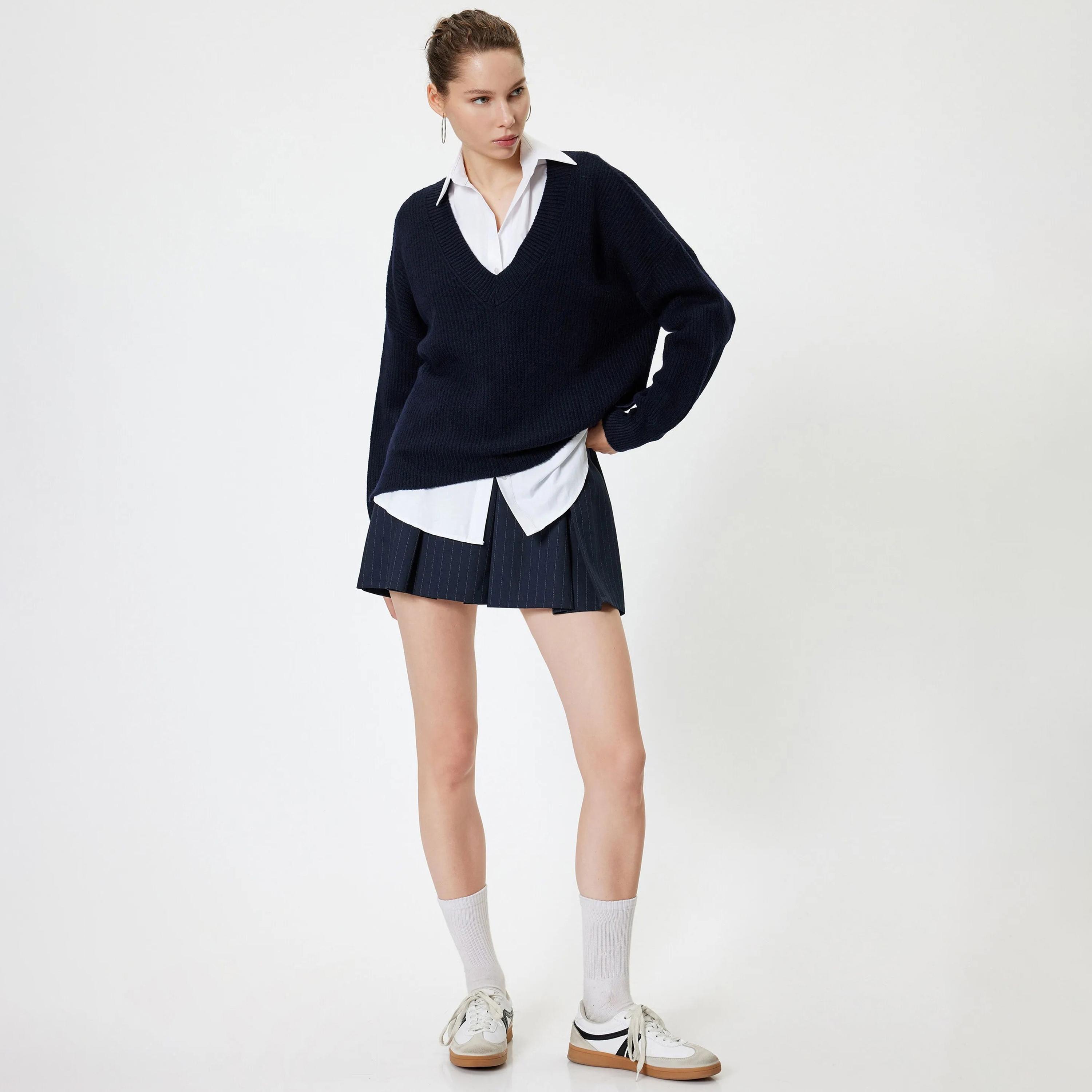 KOTON Blue Ribbed Dropped Sleeves Women's Sweater-women-winterwear-cardigansandjumpers-jumpers-image-2