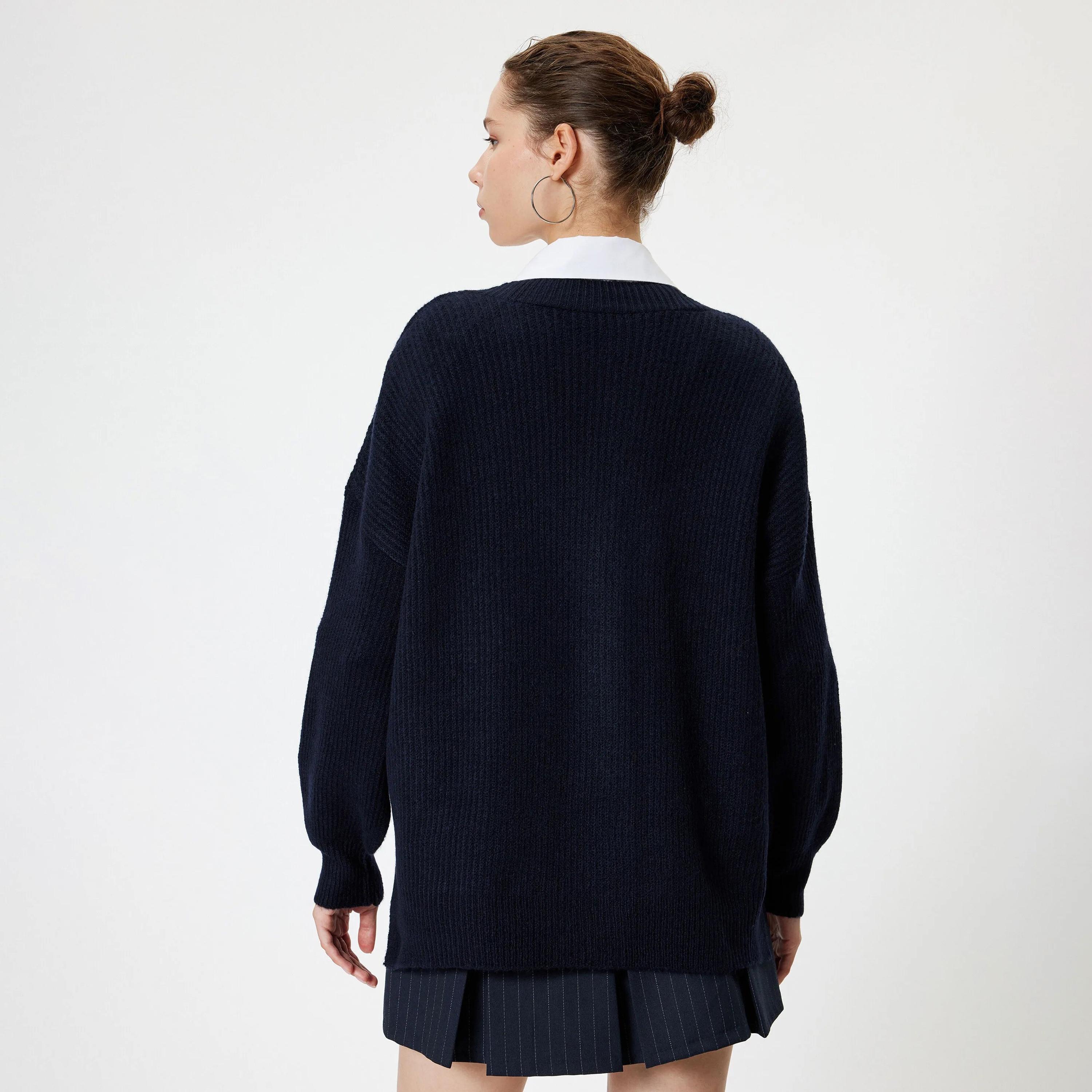 KOTON Blue Ribbed Dropped Sleeves Women's Sweater-women-winterwear-cardigansandjumpers-jumpers-image-3