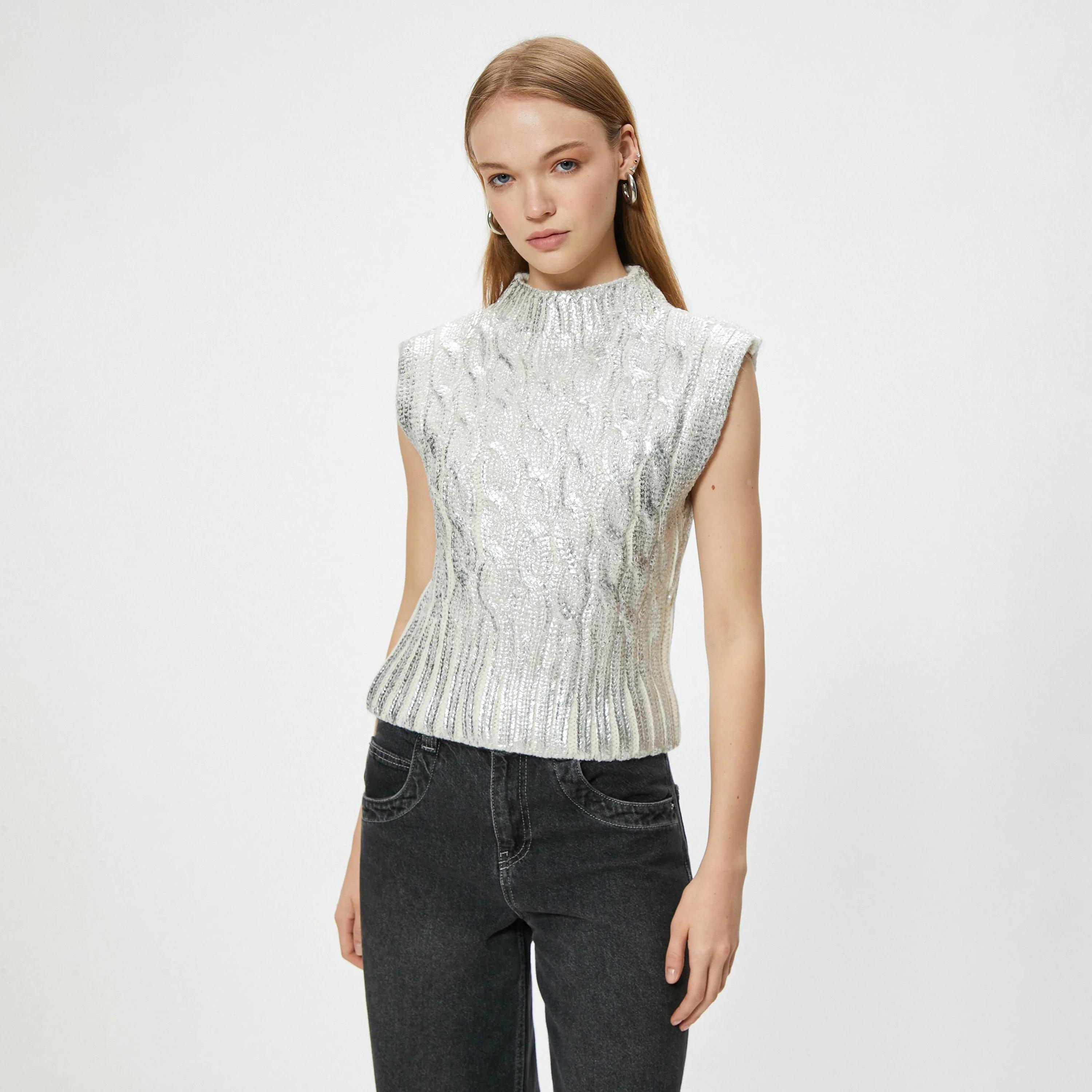 KOTON Silver Metallic Cable Knit High Neck Women's Sweatshirt-women-clothing-hoodiesandsweatshirts-sweatshirts-image-1