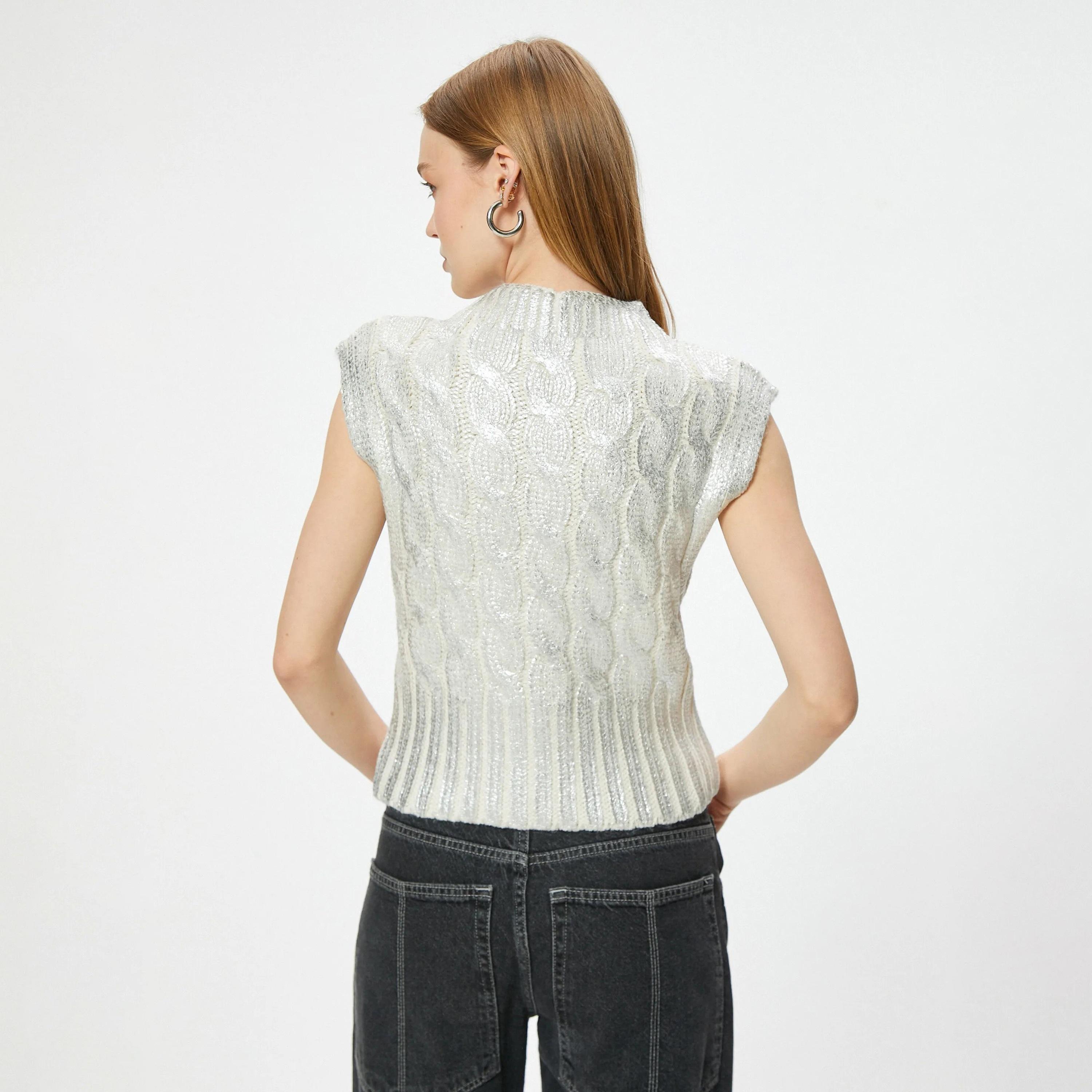 KOTON Silver Metallic Cable Knit High Neck Women's Sweatshirt-women-clothing-hoodiesandsweatshirts-sweatshirts-image-3