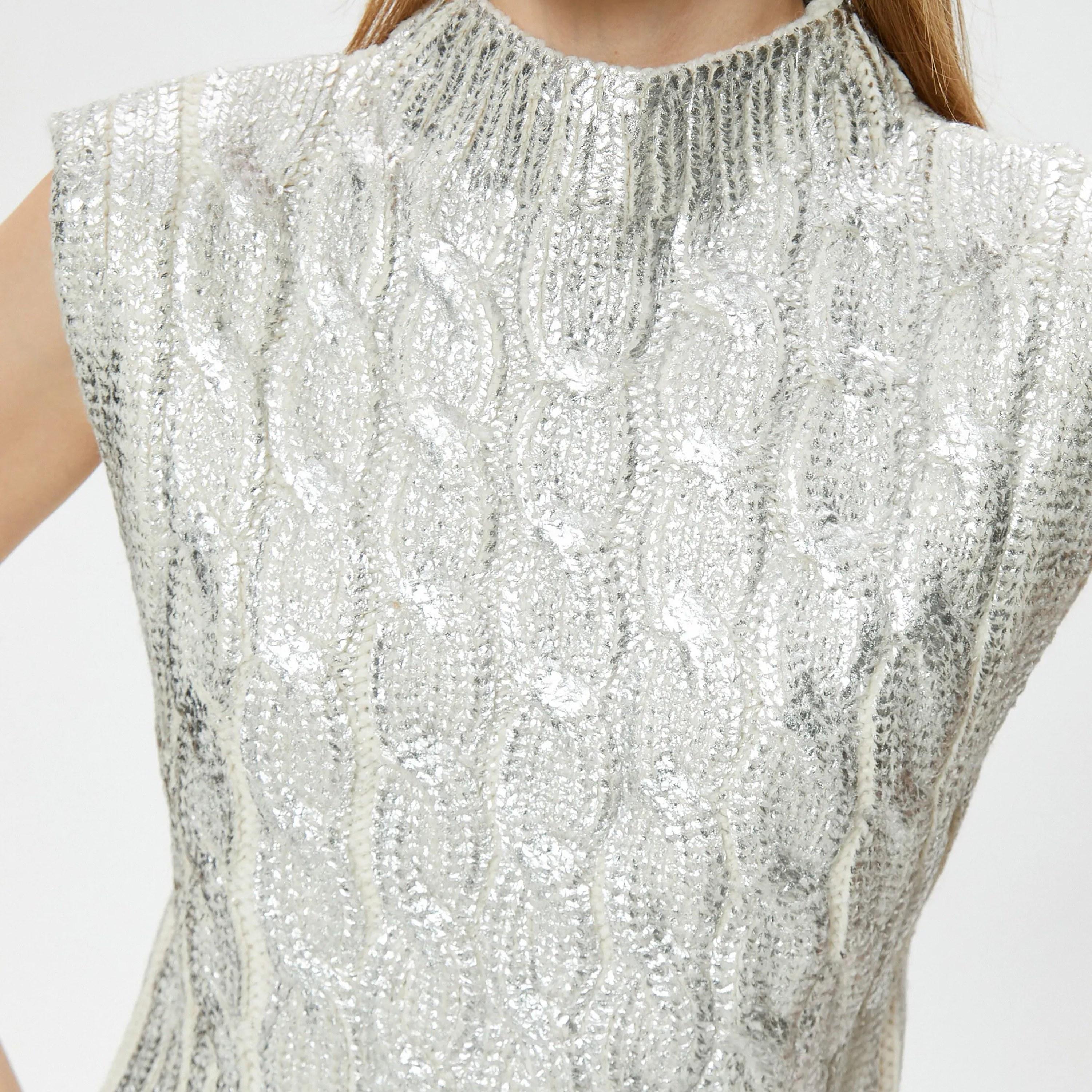 KOTON Silver Metallic Cable Knit High Neck Women's Sweatshirt-women-clothing-hoodiesandsweatshirts-sweatshirts-image-4