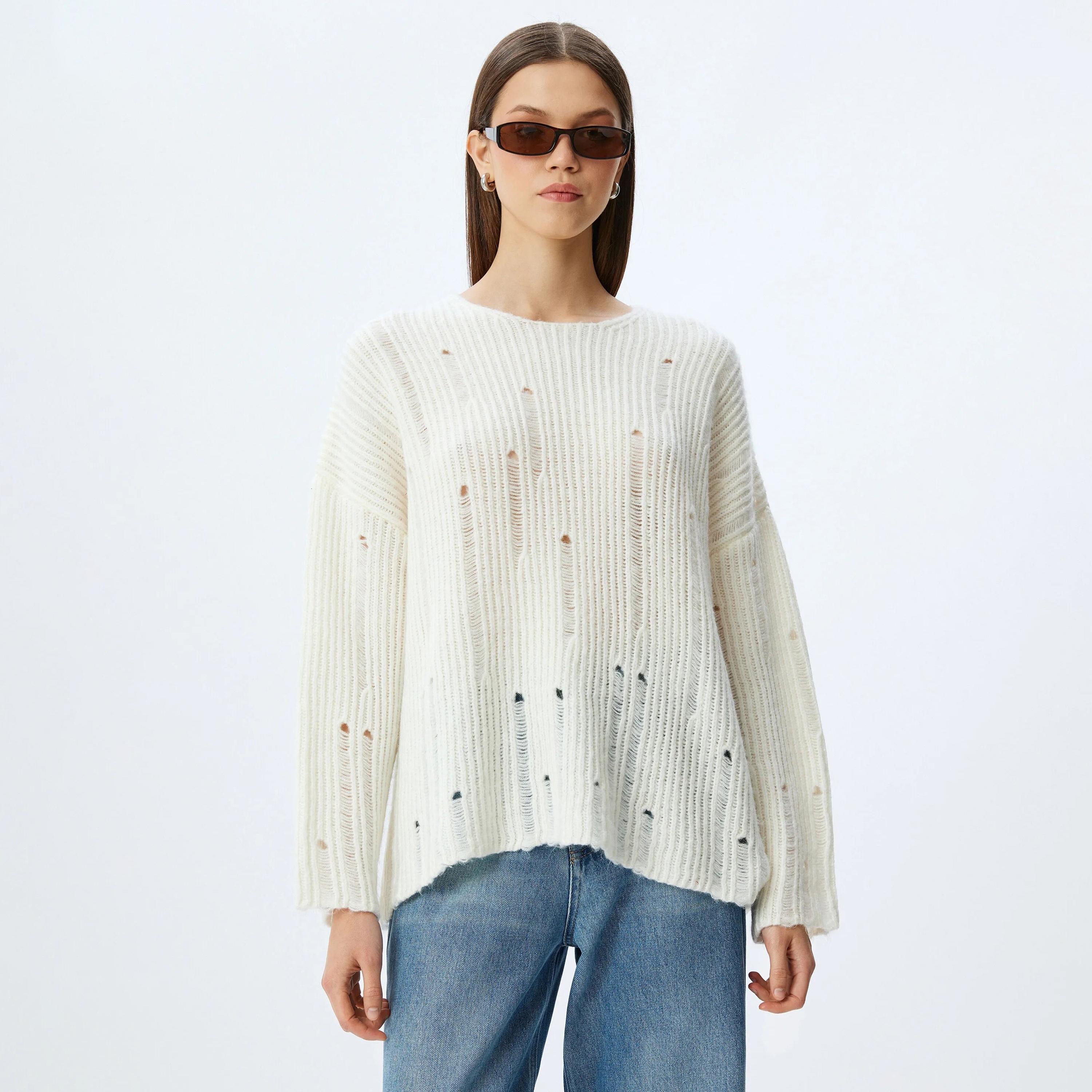 KOTON White Ribbed Dropped Sleeves Women's Sweater-women-winterwear-cardigansandjumpers-jumpers-image-1