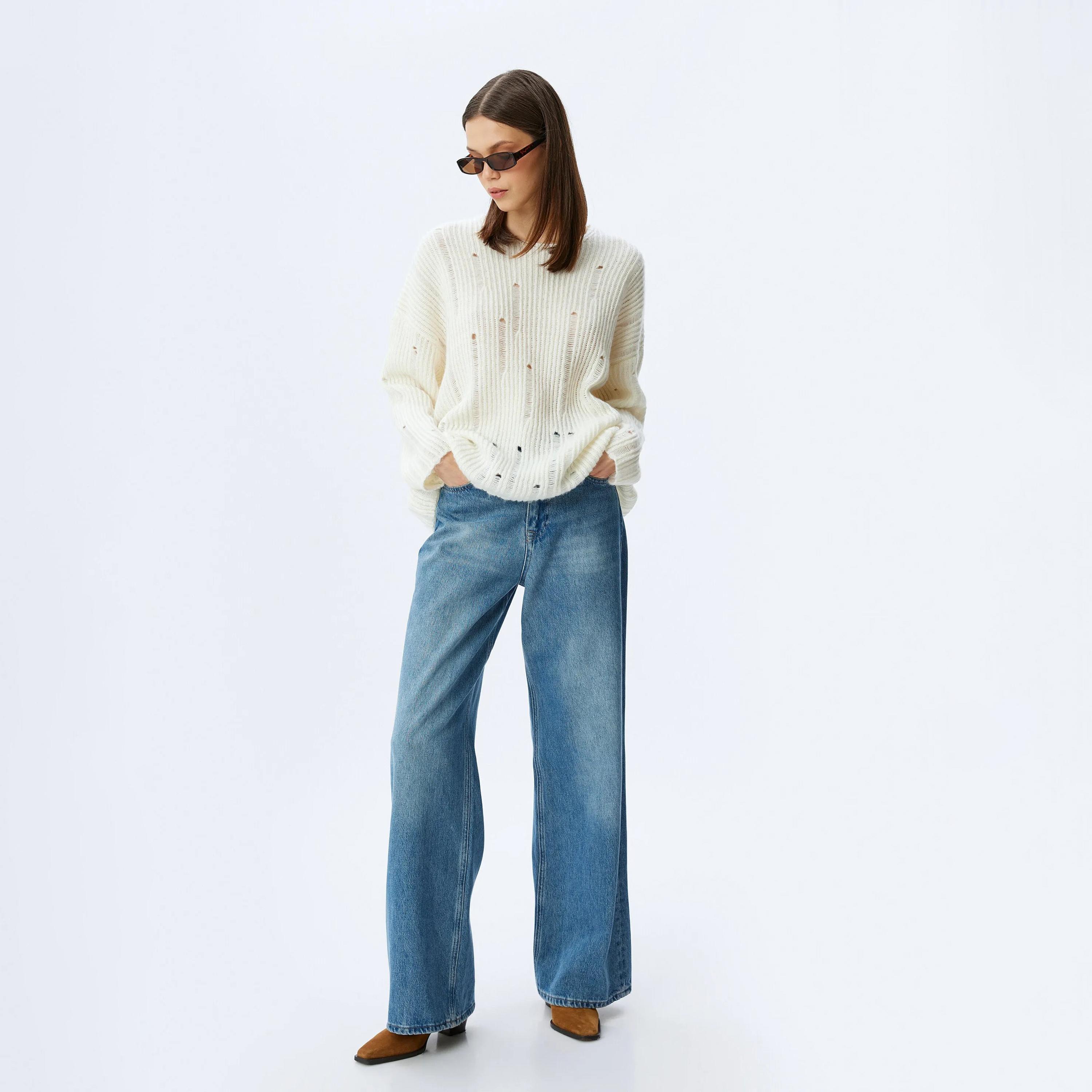 KOTON White Ribbed Dropped Sleeves Women's Sweater-women-winterwear-cardigansandjumpers-jumpers-image-2