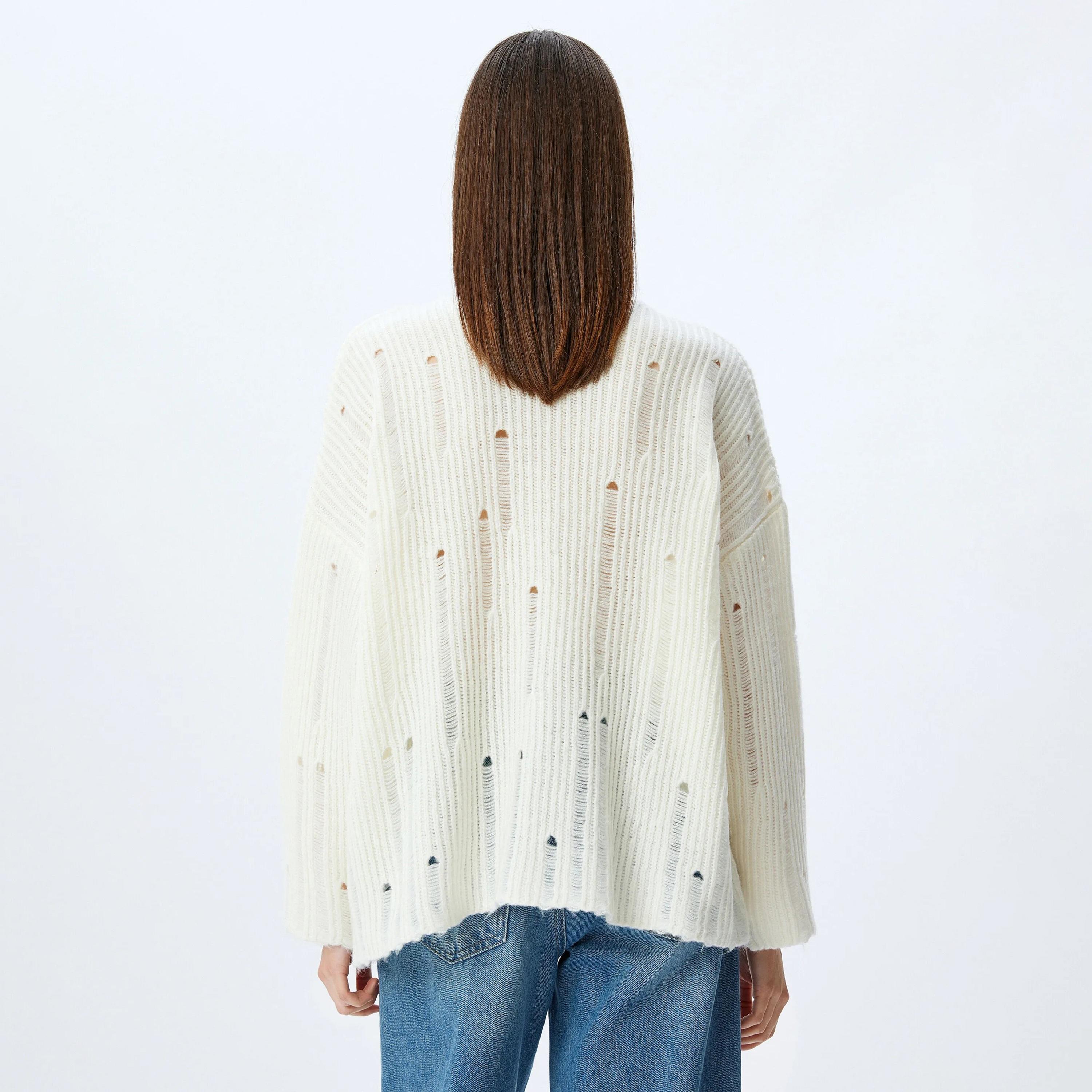 KOTON White Ribbed Dropped Sleeves Women's Sweater-women-winterwear-cardigansandjumpers-jumpers-image-3