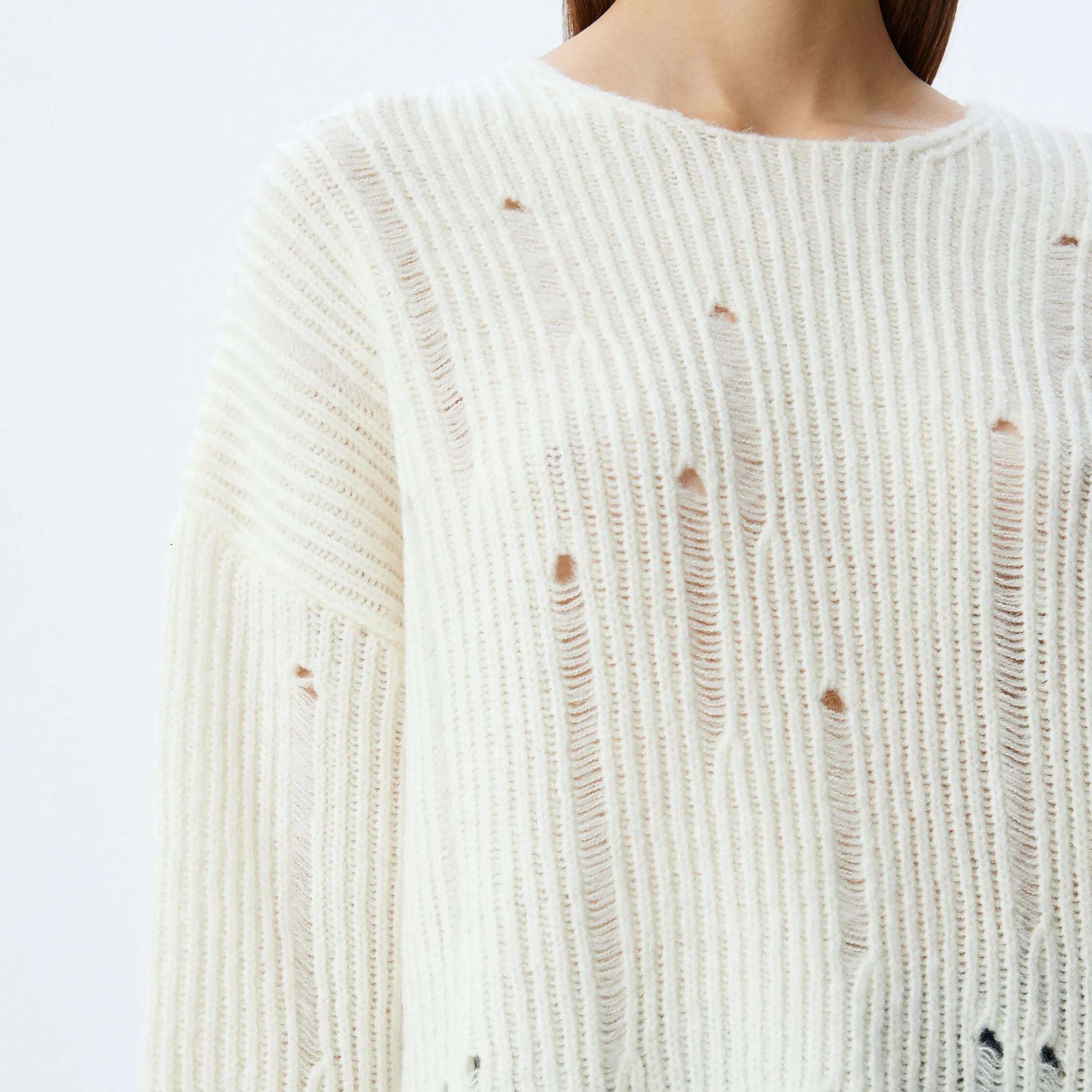 KOTON White Ribbed Dropped Sleeves Women's Sweater-women-winterwear-cardigansandjumpers-jumpers-image-4