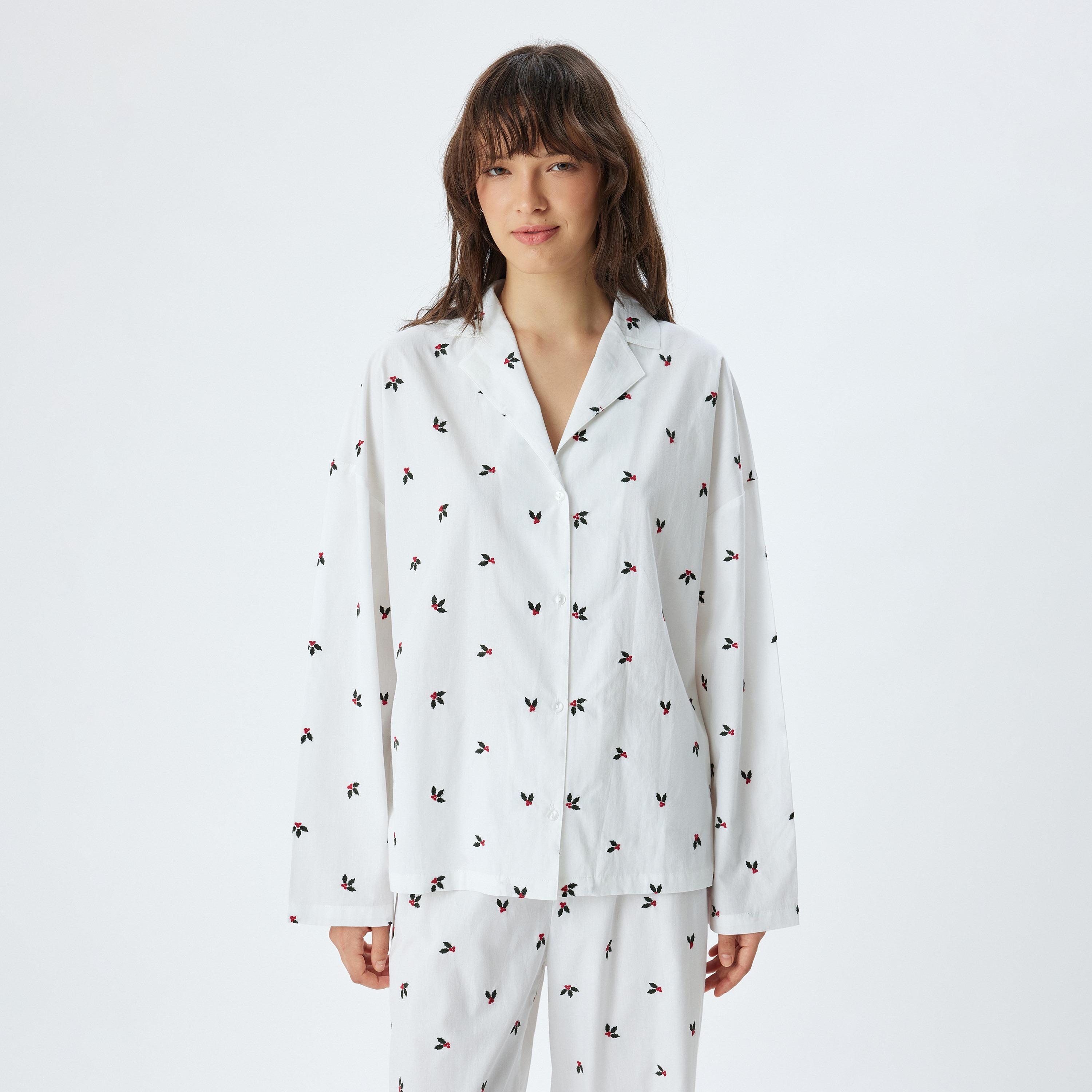 KOTON Embroidered Collared Long Sleeves Women's Shirt-women-clothing-nightwear-pyjamas-tops-image-1