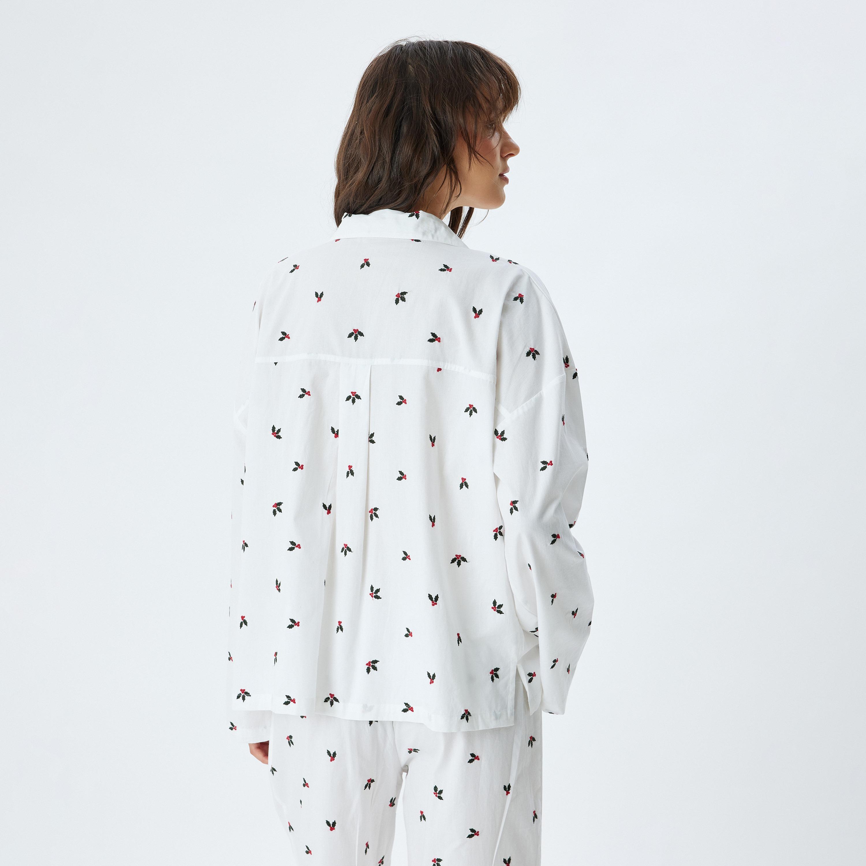 KOTON Embroidered Collared Long Sleeves Women's Shirt-women-clothing-nightwear-pyjamas-tops-image-3