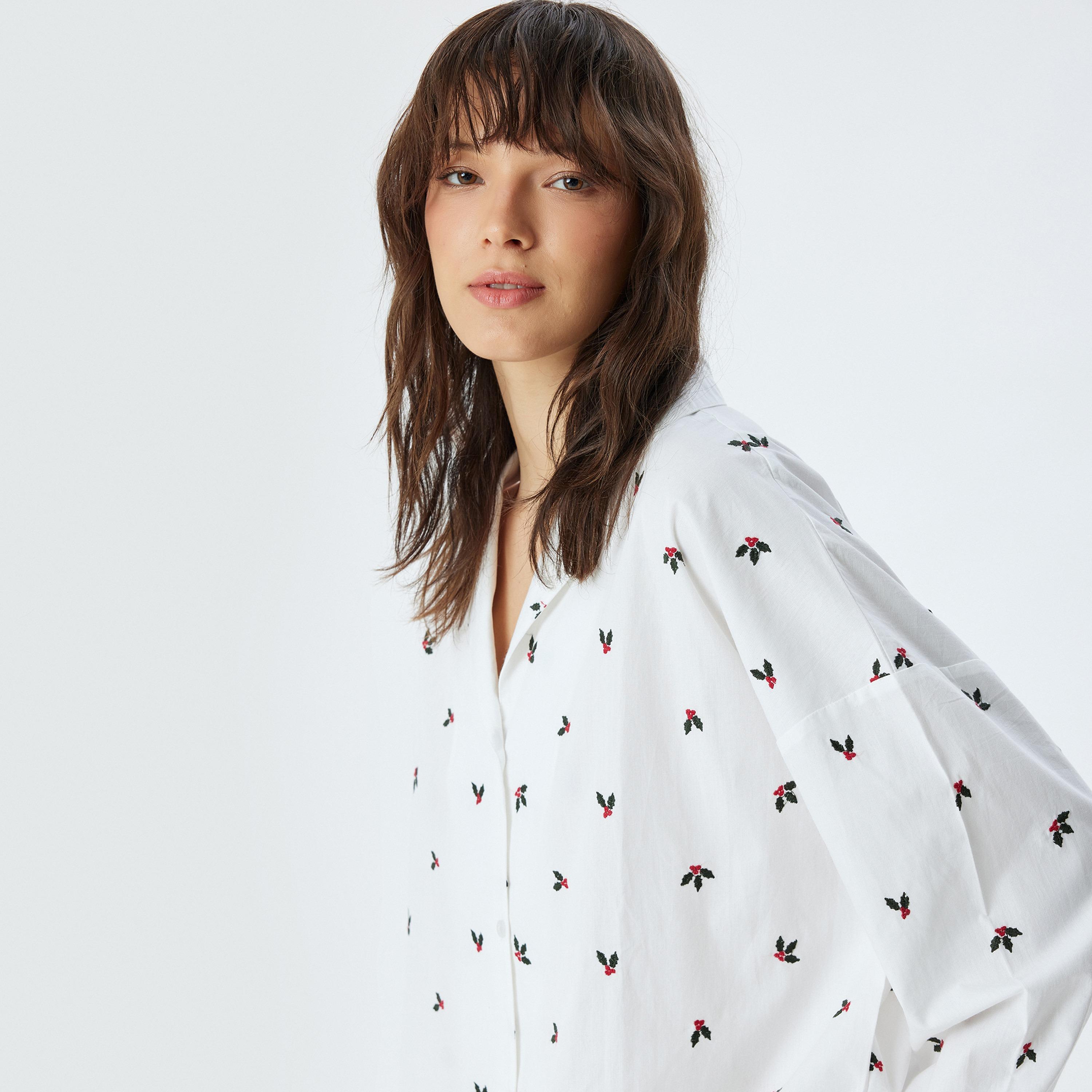 قميص نسائي مطرز بياقة قميص وأكمام طويلة من كوتون-women-clothing-nightwear-pyjamas-tops-image-4