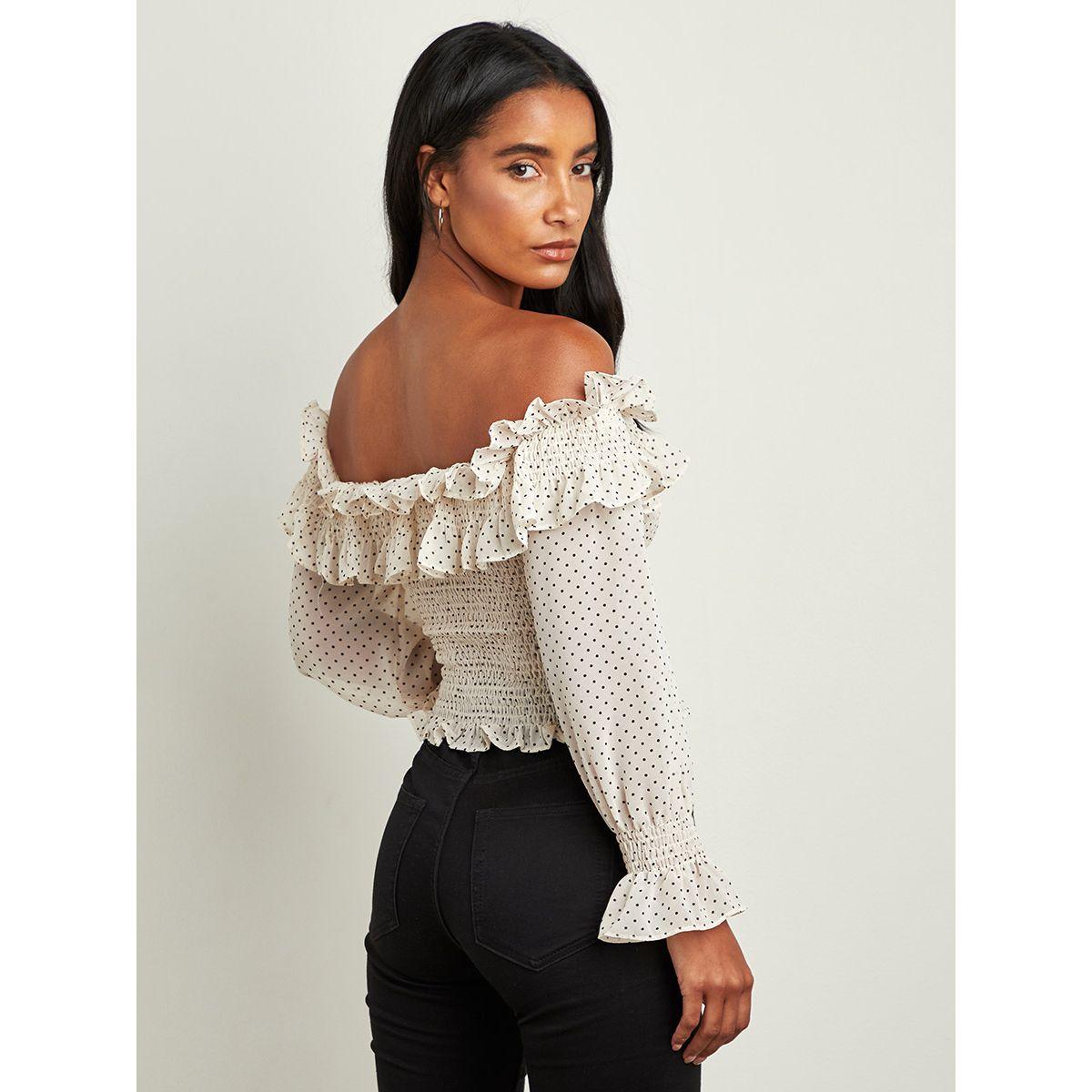 Styli Polka Dot Bardot Shirred Top with Ruffled Trim-women-clothing-shirtsandblouses-blouses-image-2
