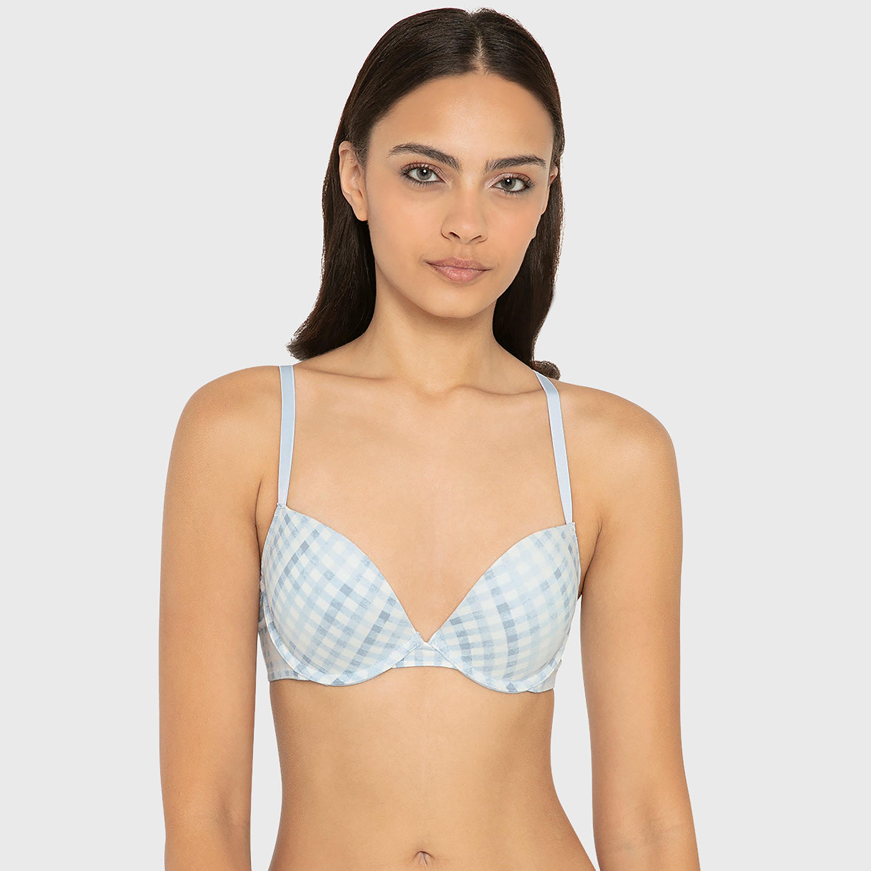 La Senza Blue Cotton Checked Wired Medium Support Padded Women's Push-Up Bra-women-clothing-lingerie-bras-image-1